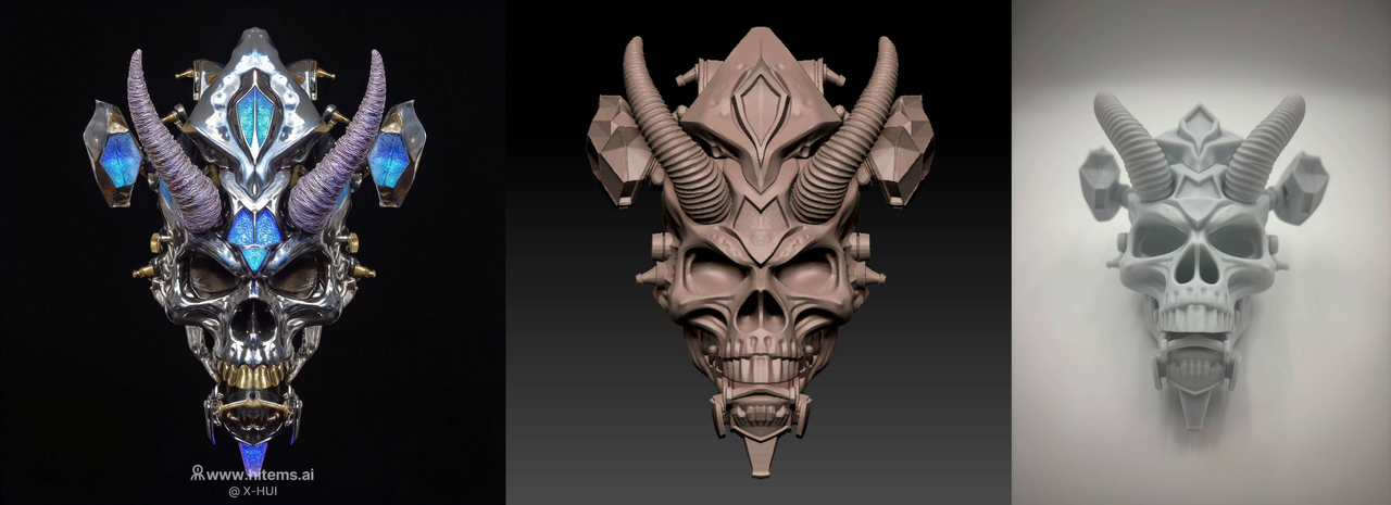 Print-grade AI-generated 3D skull model by Hitem3D shown from textured concept to solid mesh and physical 3D printed object