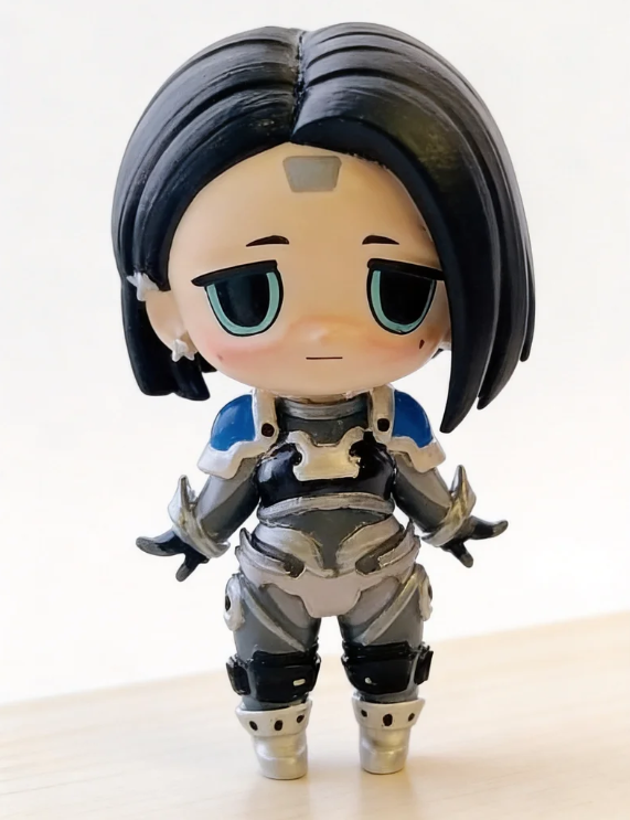3D printed and hand-painted custom chibi figurine created with Hi3D from 2D fan art