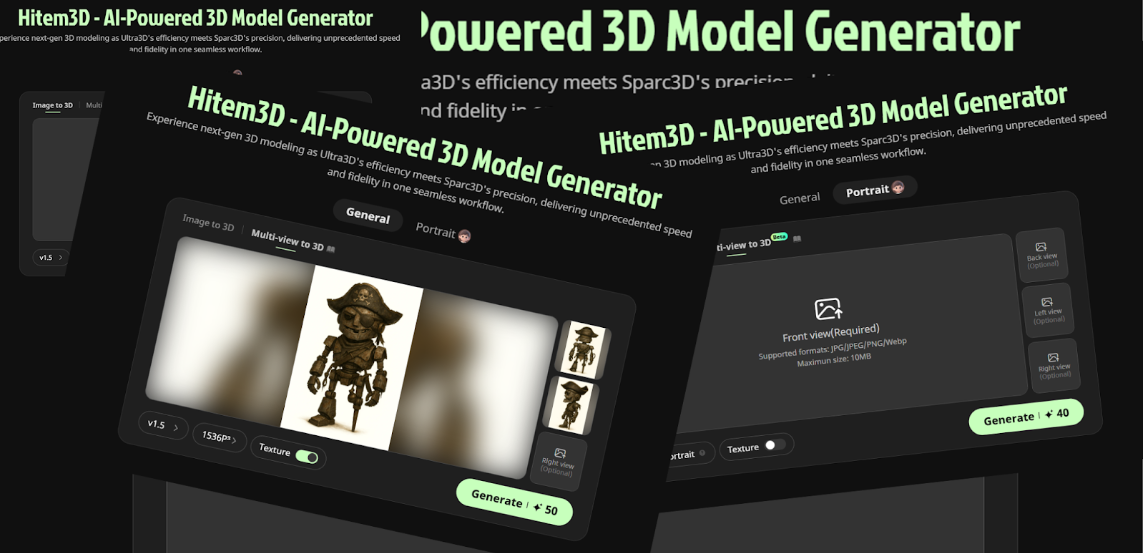 Hitem3D AI powered 3D model generator interface showing image to 3D and multi view to 3D workflow