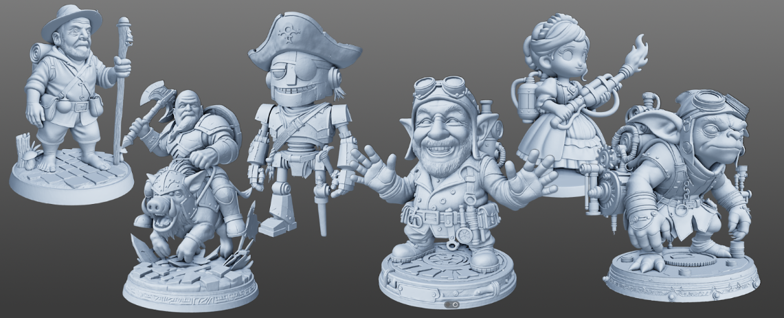 collection of AI-generated fantasy and steampunk 3D character models, including pirate, dwarf warrior, engineer, girl with flamethrower and goblin, shown as clean high-detail 3D meshes for 3D printing and game assets