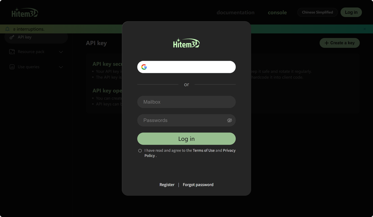 enter your Hitem3D account password again