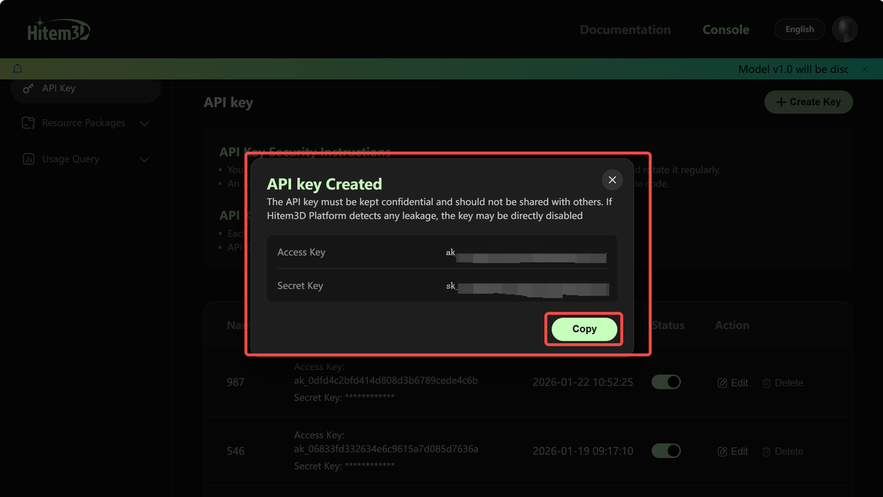 Copy the API key separately