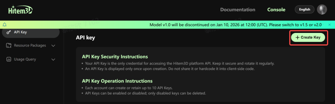 新しい API キーを作成