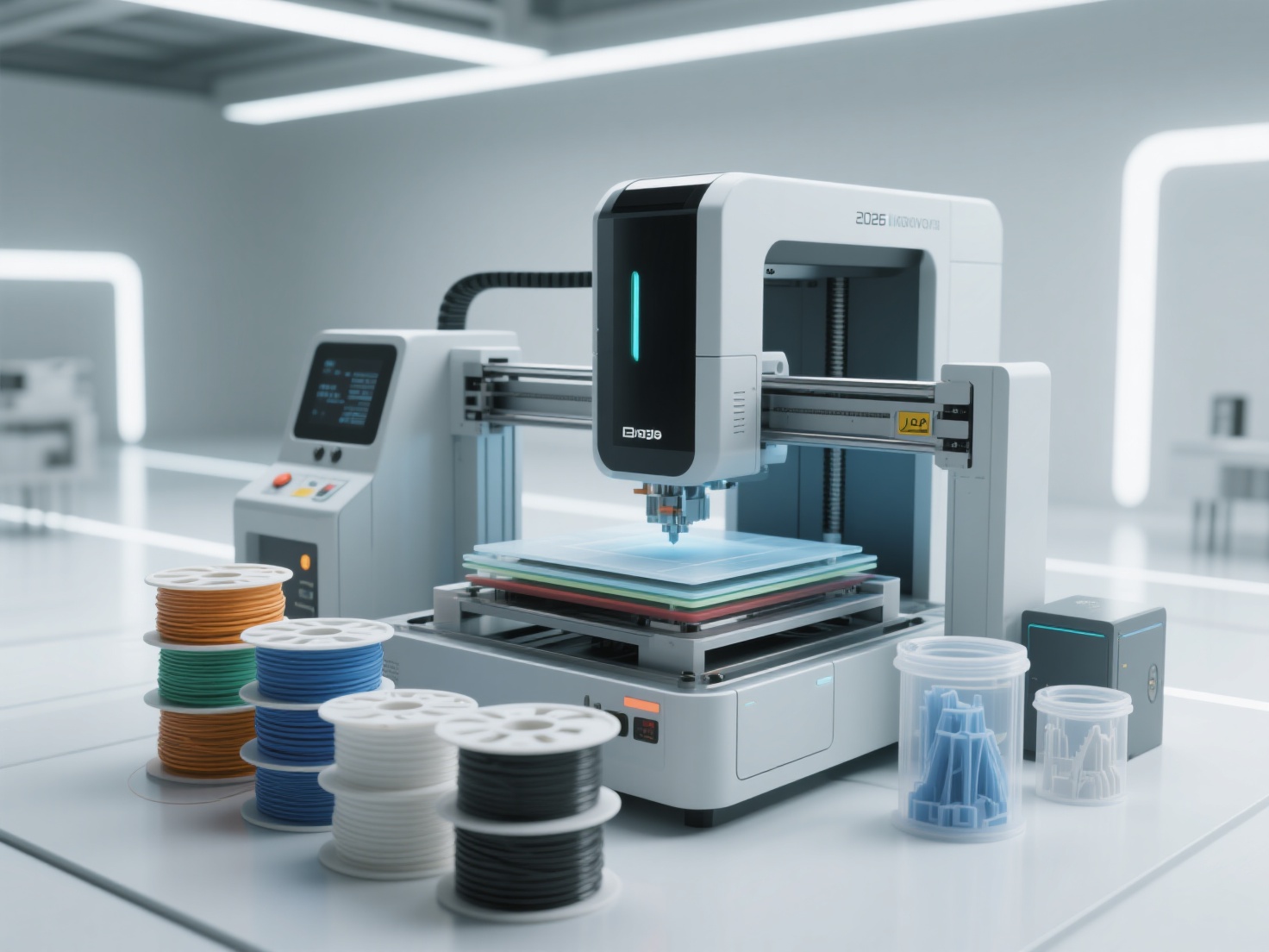 In a clean and sterile laboratory setting, a futuristic 3D printer made of PLA and resin materials is in operation