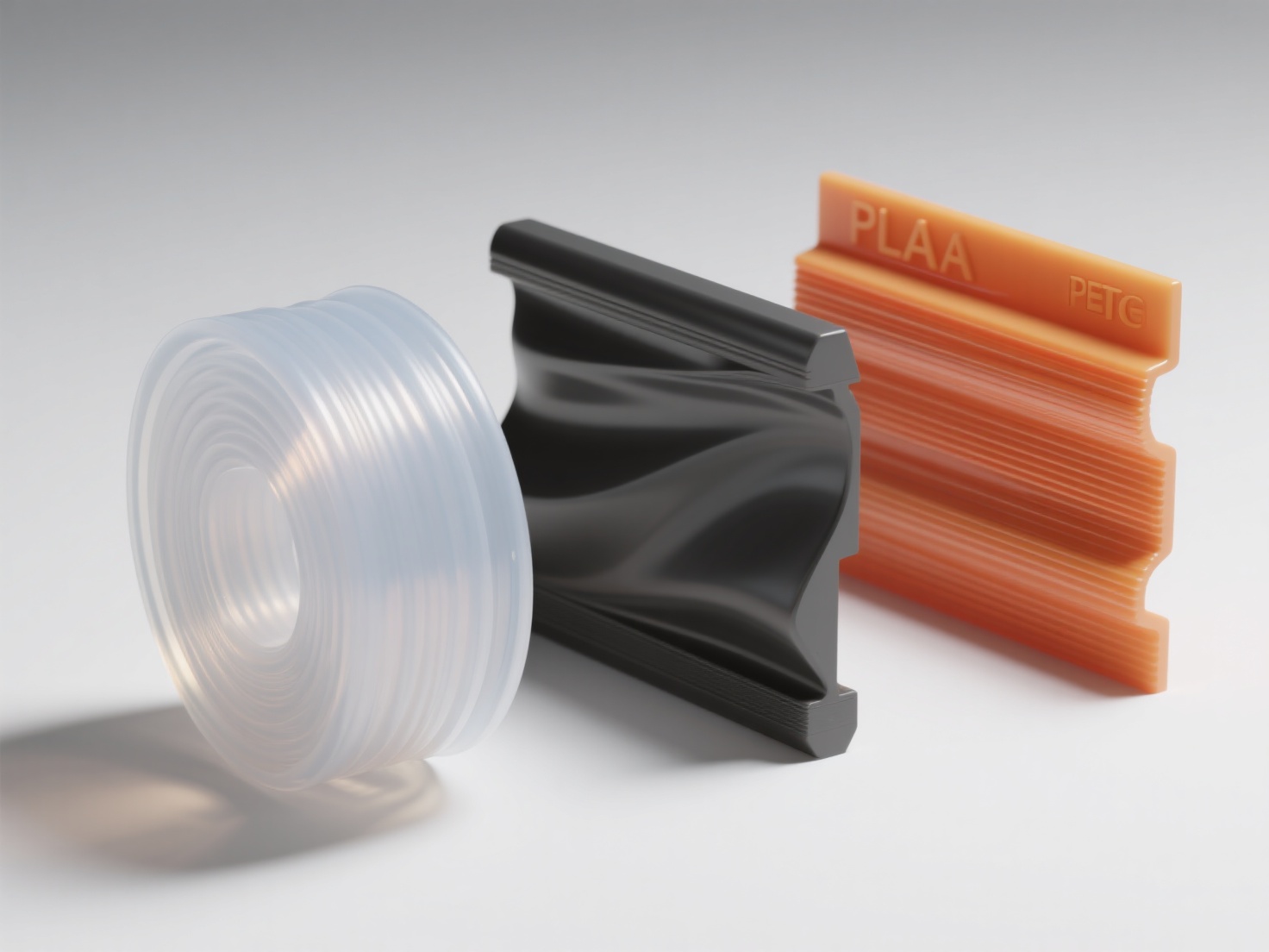 Close-up 3D render of PLA, ABS, and PETG printed samples showing material differences