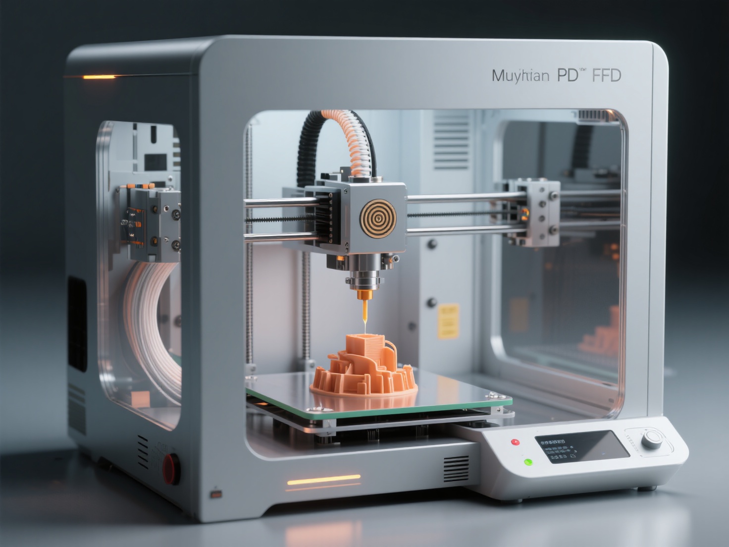 Close-up photorealistic 3D render of mid-range FDM 3D printer actively printing with detailed components