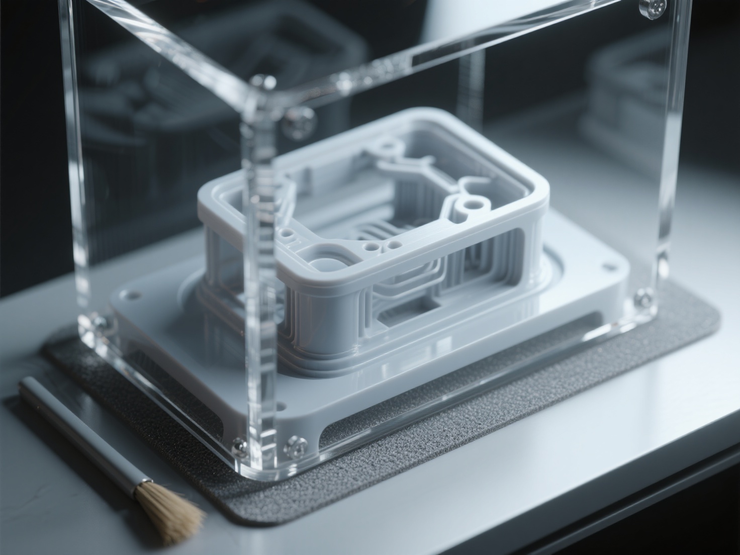 Close-up of acetone vapor smoothing process on an ABS 3D printed part in enclosure