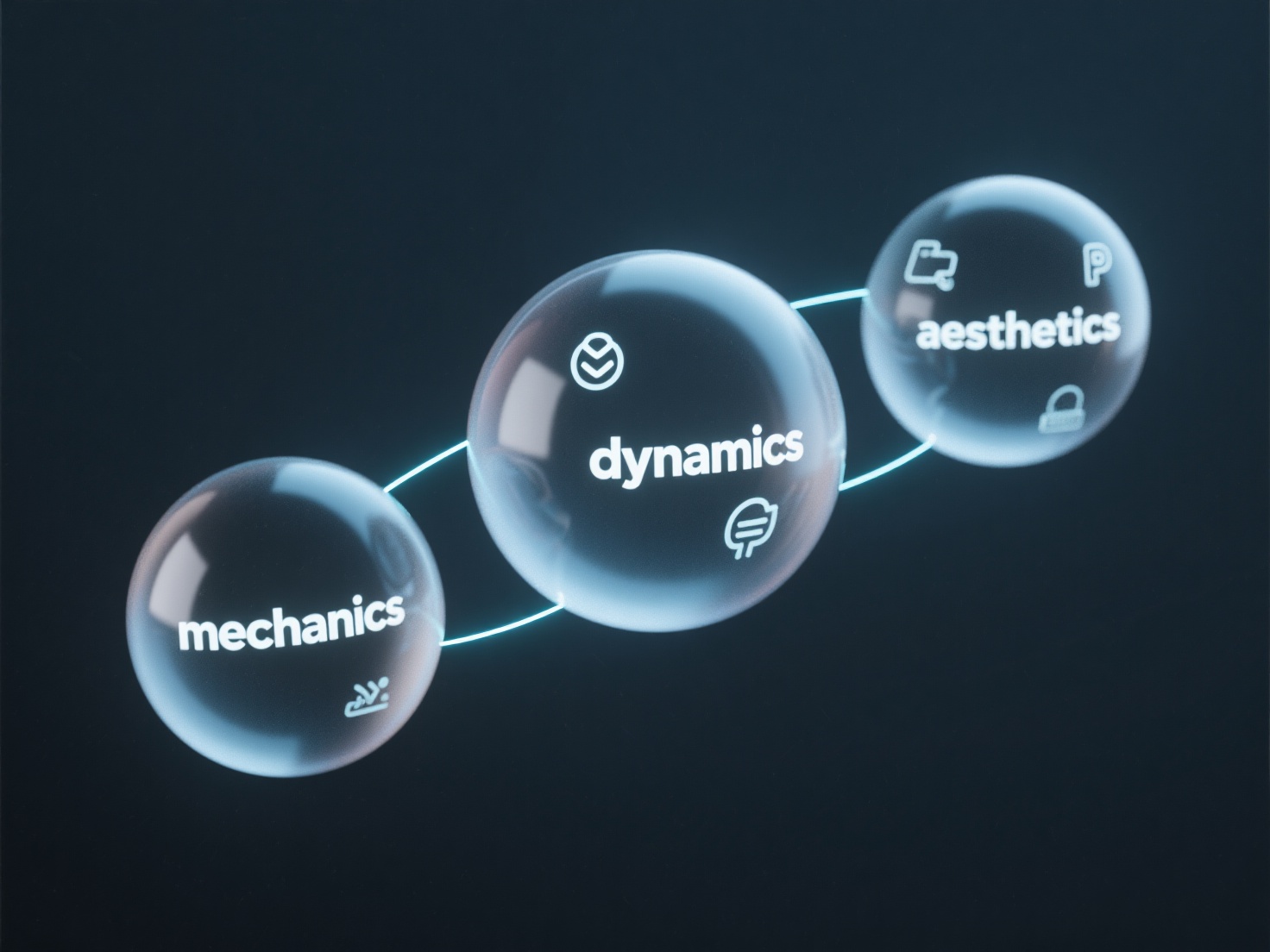 3D render of MDA framework spheres with game design elements and holographic UI icons