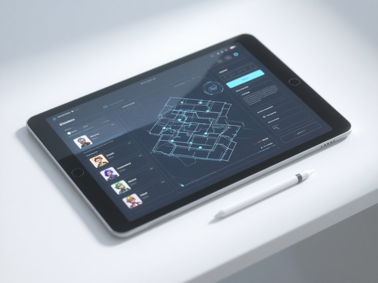 Detailed 3D render of digital tablet displaying layered game design document with UI wireframes