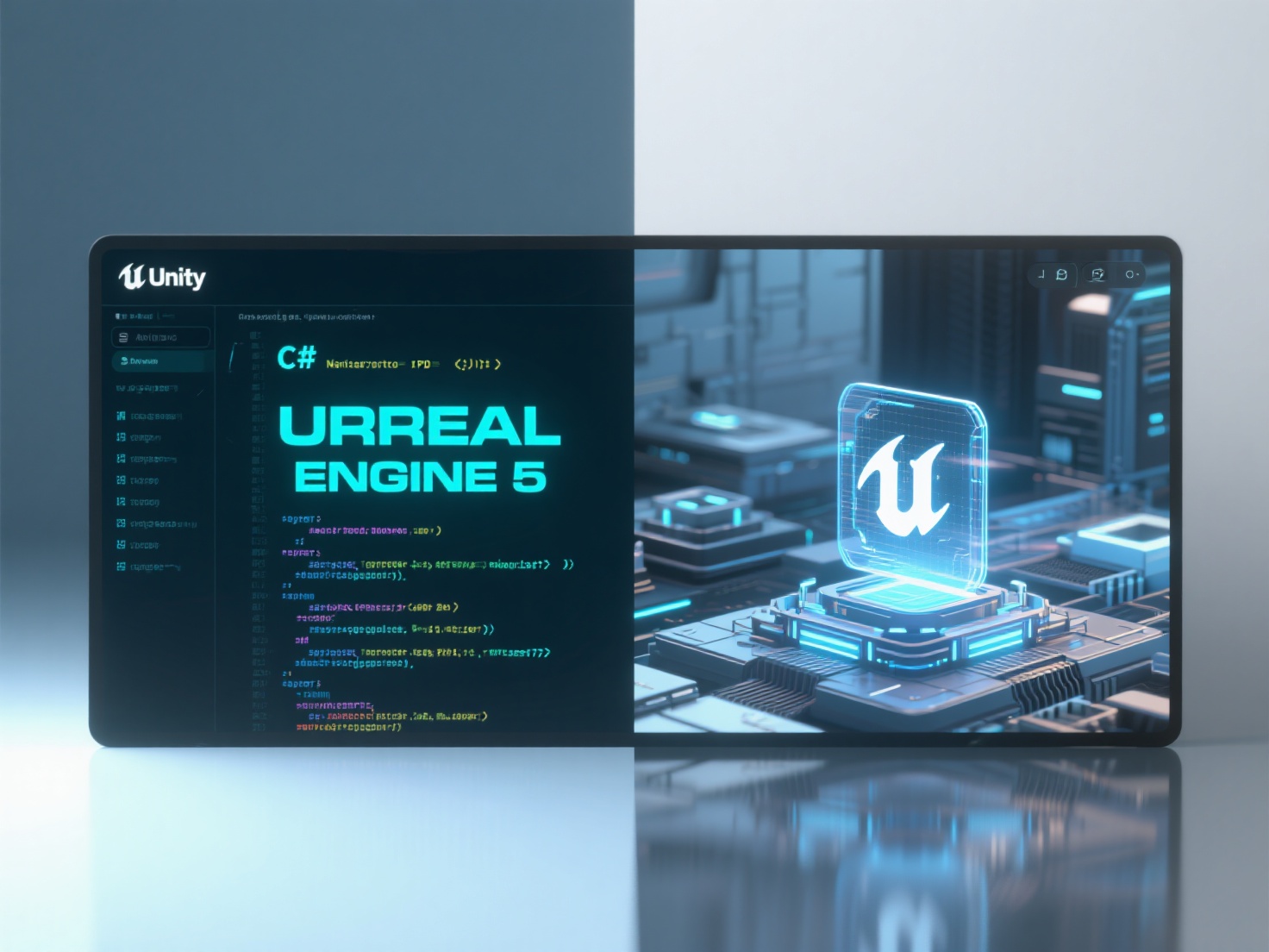Detailed 3D holograms comparing Unity and Unreal Engine 5 features with glowing code and AAA visuals