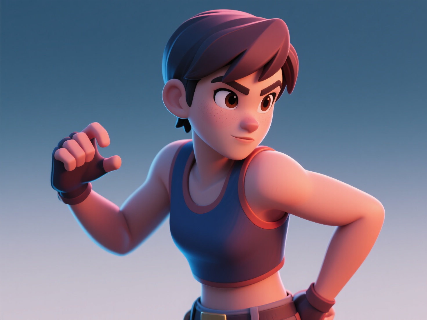 Close-up of a cel-shaded 3D game character model showing stylized flat shading and edge outlines