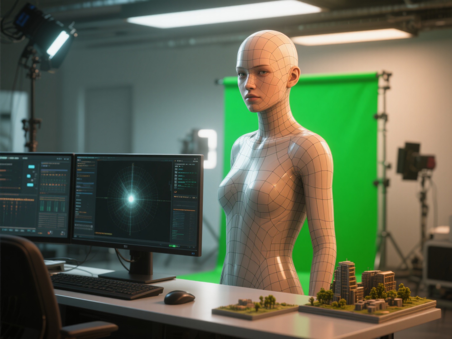 Detailed 3D render of CGI character, green screen VFX, and practical SFX miniatures in studio