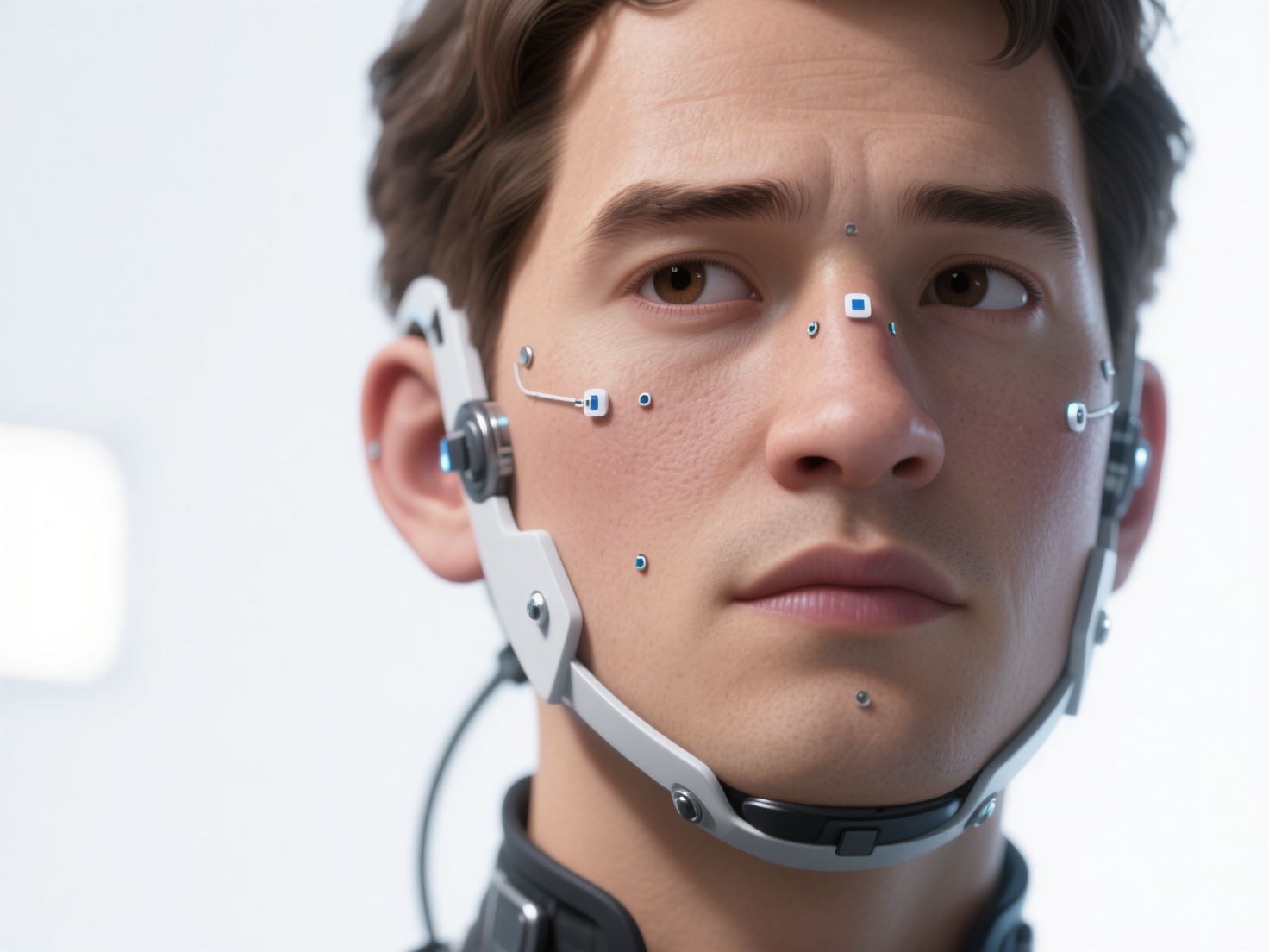 Close-up 3D render of facial motion capture rig highlighting sensors and skin detail