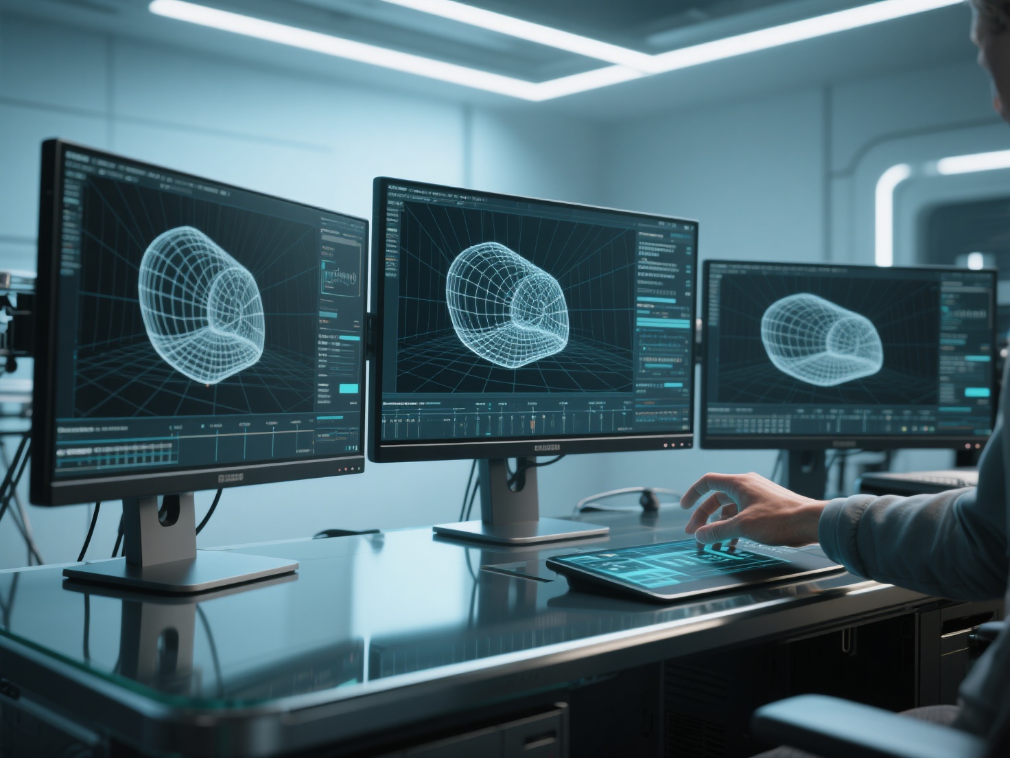 Detailed 3D render of a technical previsualization workstation with 3D models and animation timelines