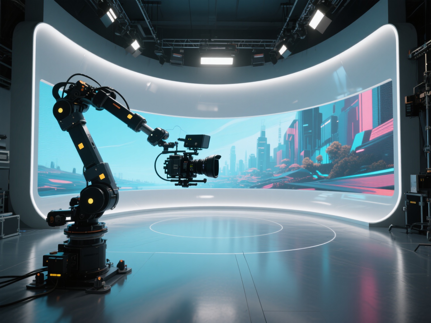 Virtual production studio with LED volume wall and film camera in real-time 3D environment