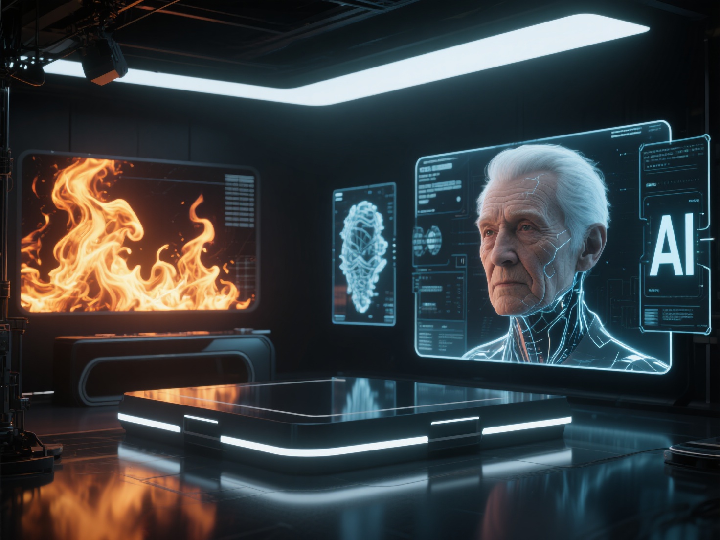 Futuristic VFX studio showcasing AI transforming film visual effects with 3D assets and simulations
