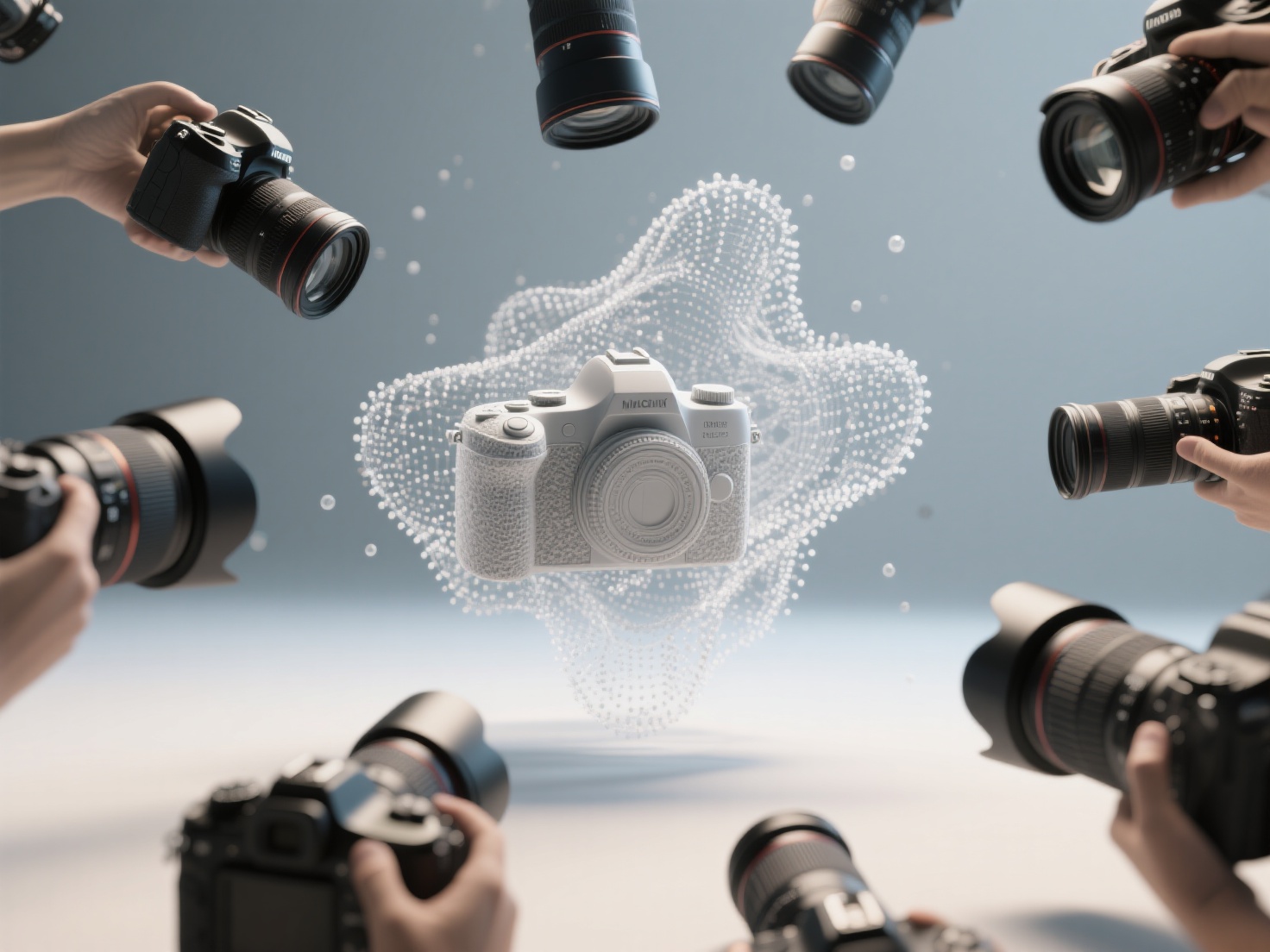 Photogrammetry process showing cameras capturing object and 3D textured mesh model
