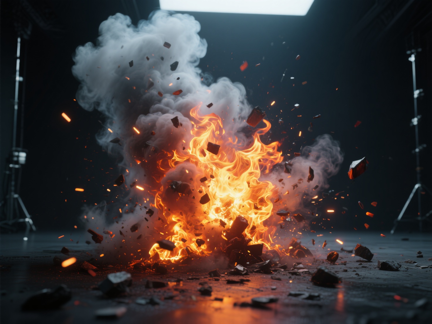 Photorealistic 3D render of fire, smoke, and explosions particle effects in VFX