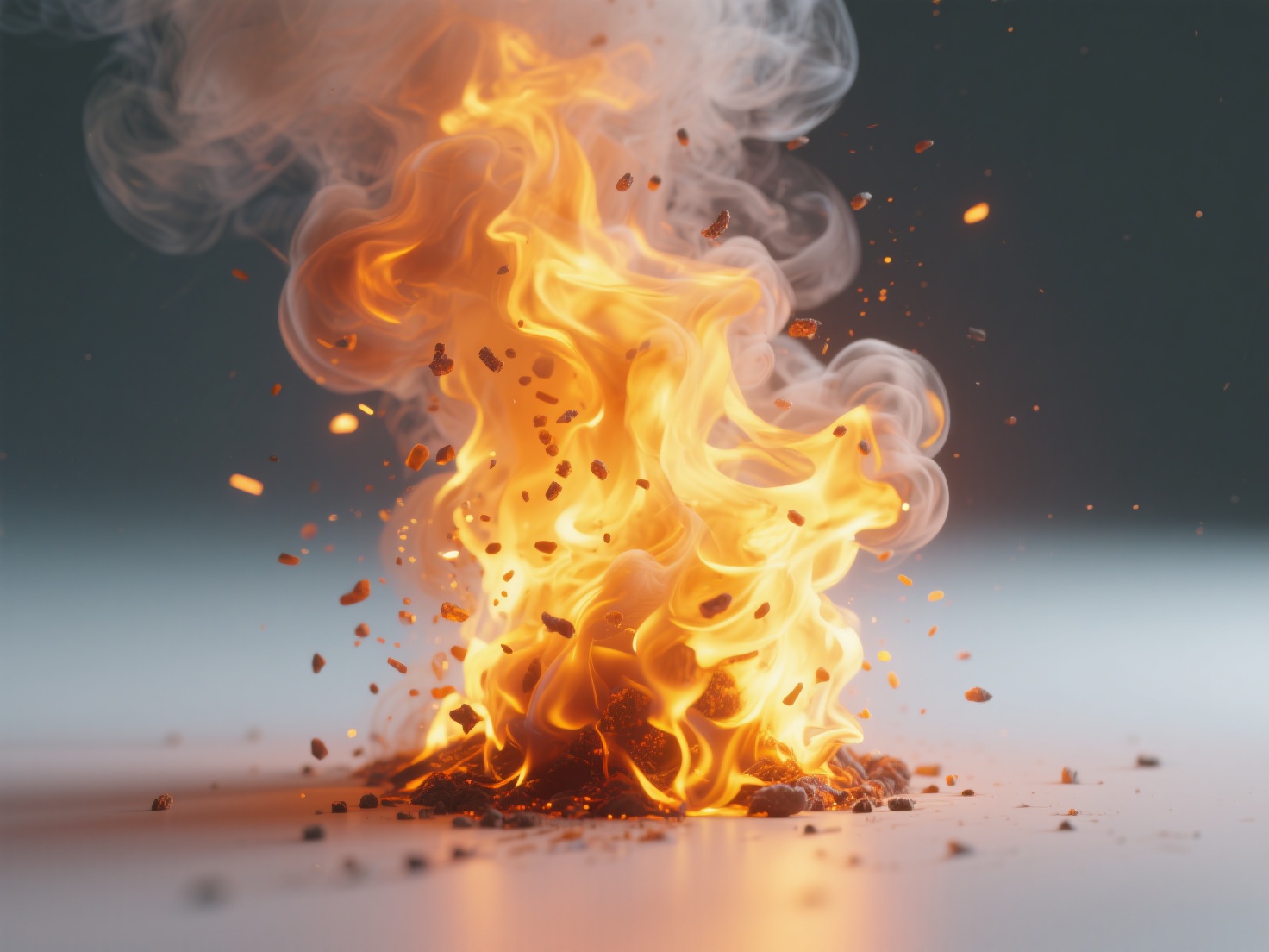 Close-up 3D render showing detailed fire and smoke particle simulation in VFX