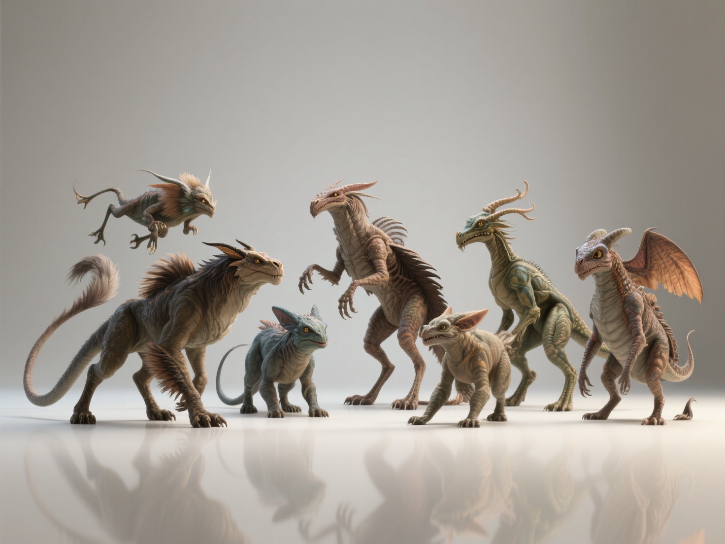 Photorealistic 3D render of diverse film creatures showcasing anatomy and textures
