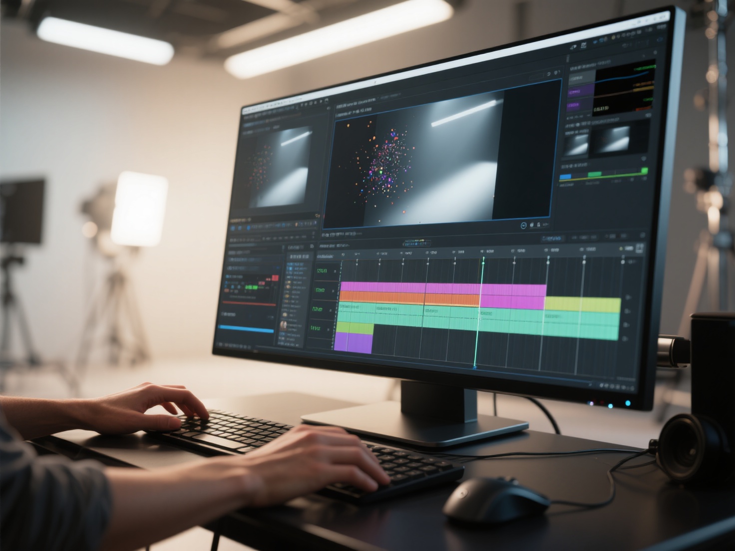 Detailed 3D render of VFX demo reel timeline with compositing and FX layers on a studio monitor