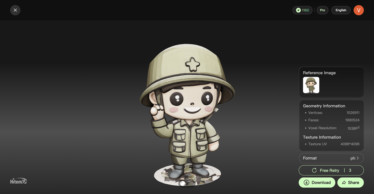 Hitem3D AI-generated 1536³ print-grade 3D character model showing geometry statistics, UV textures, and downloadable GLB format