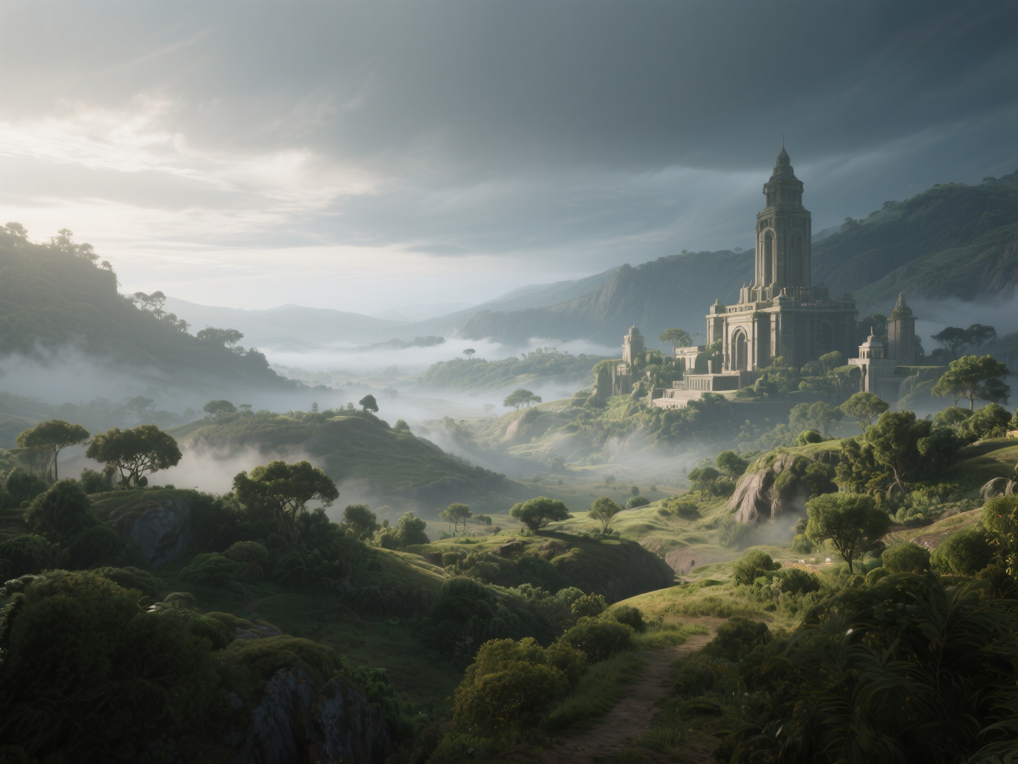 Photorealistic 3D render of a believable digital environment for film and VFX with terrain and architecture