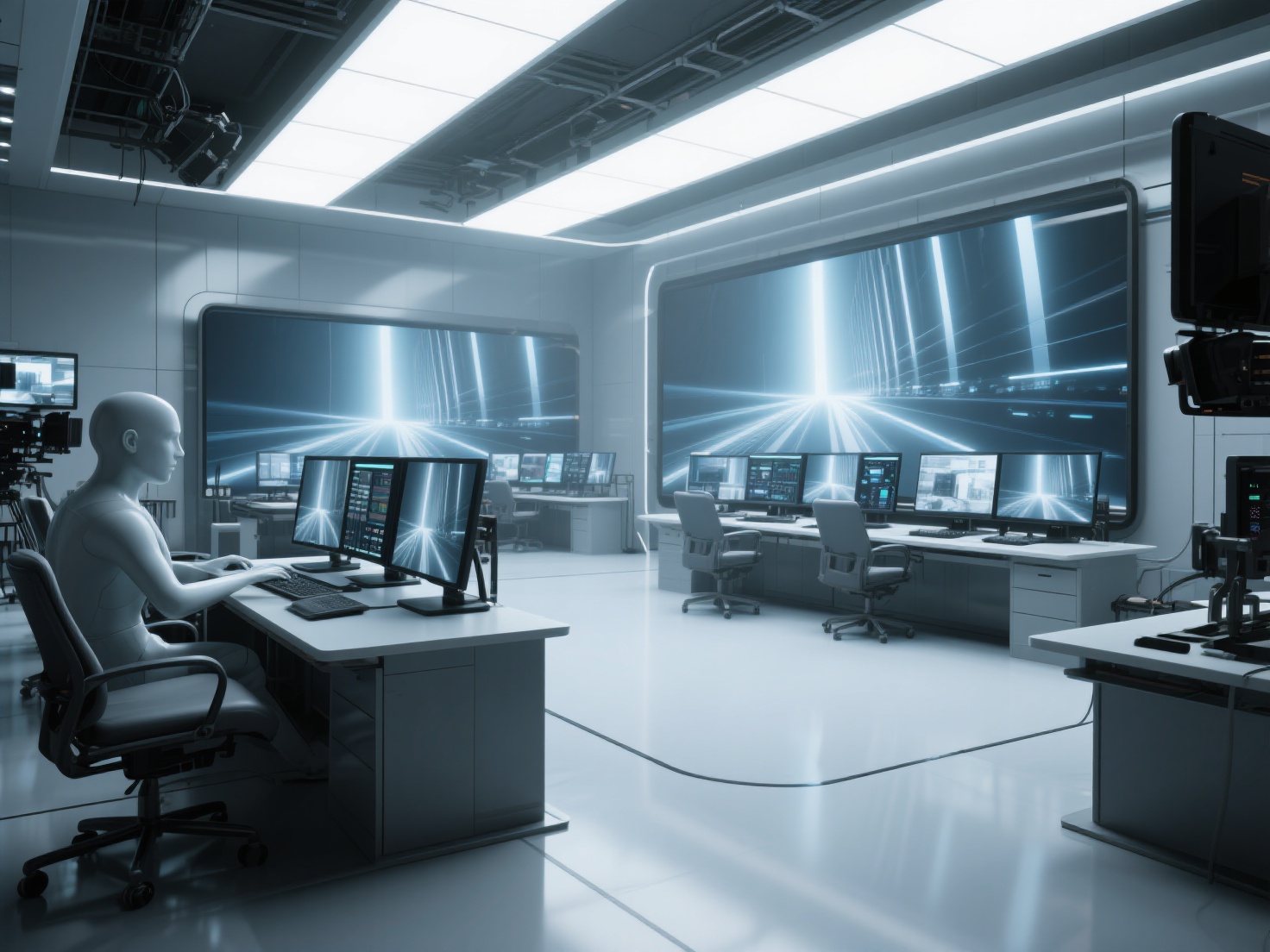 Photorealistic 3D render of film studio showcasing ray tracing and path tracing rendering techniques