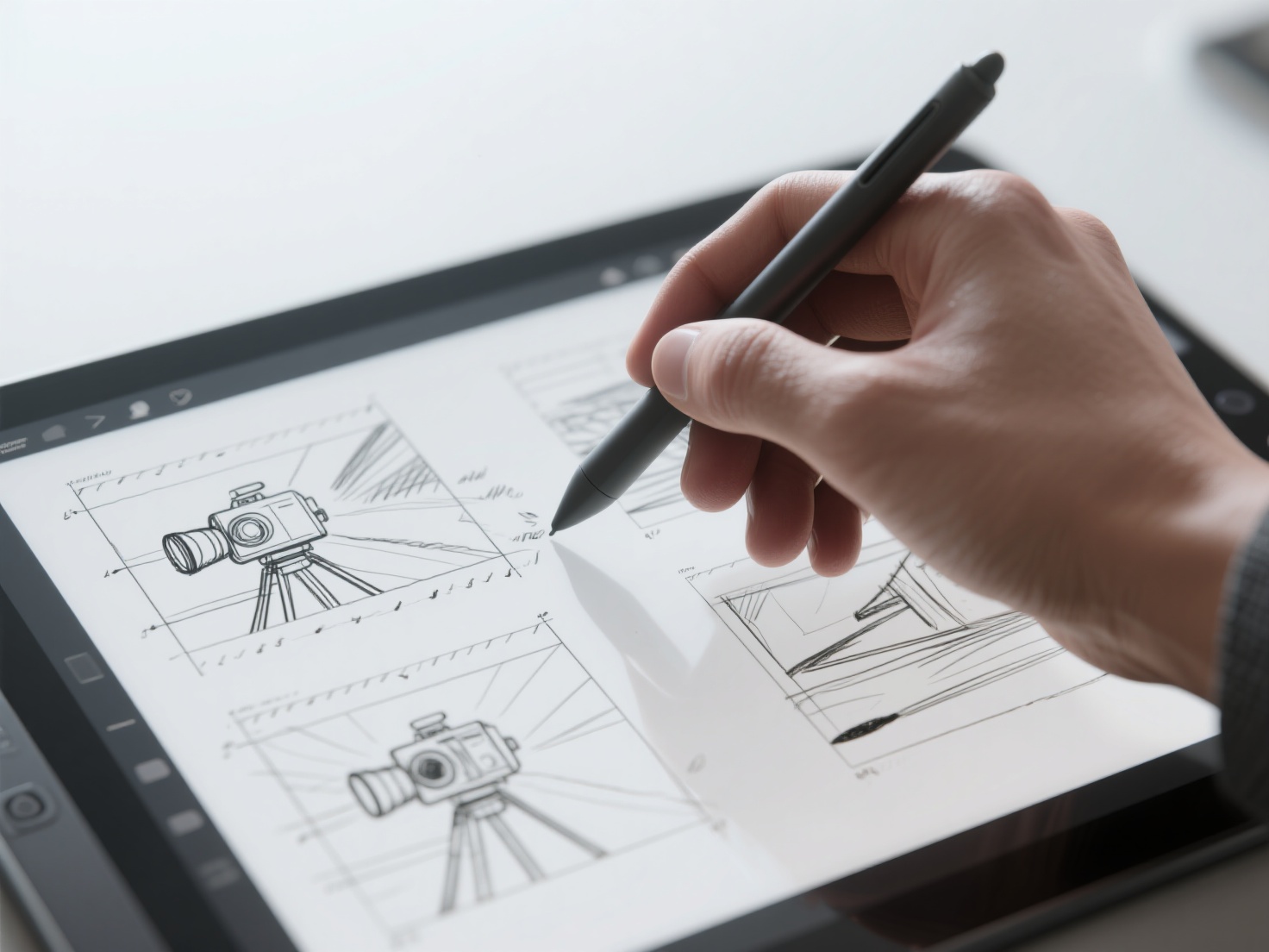Close-up 3D render of hand using stylus on digital storyboard tablet showing camera angles