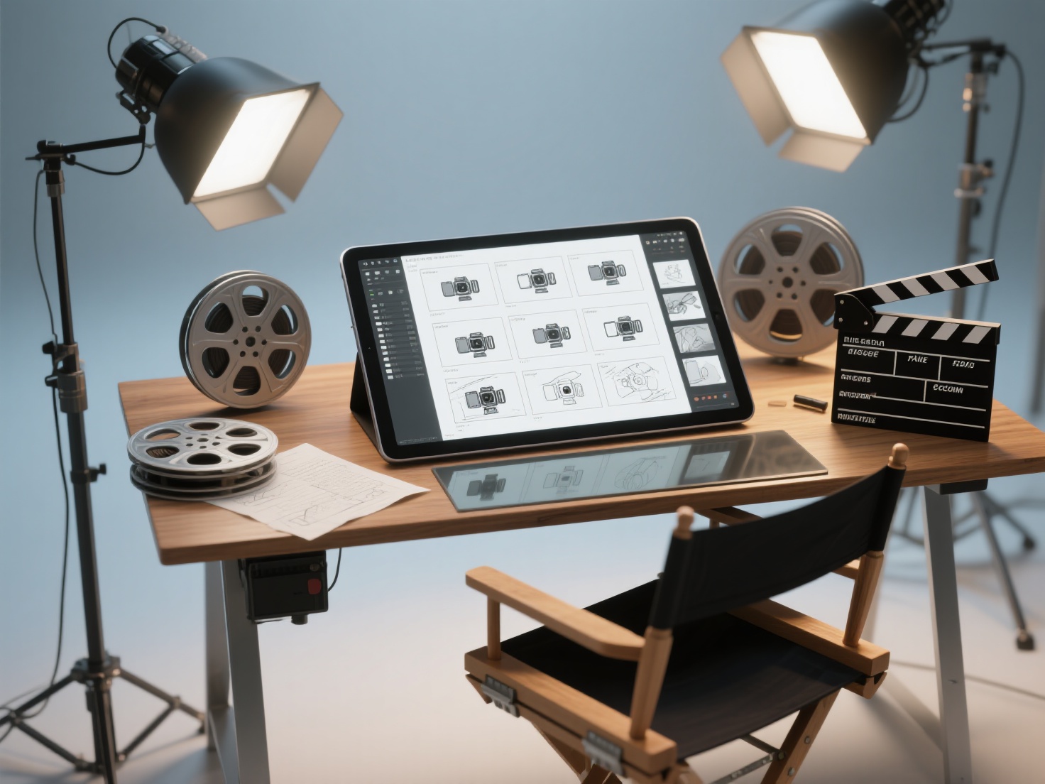 3D render of a storyboard workspace with digital tablet and film equipment for film and animation