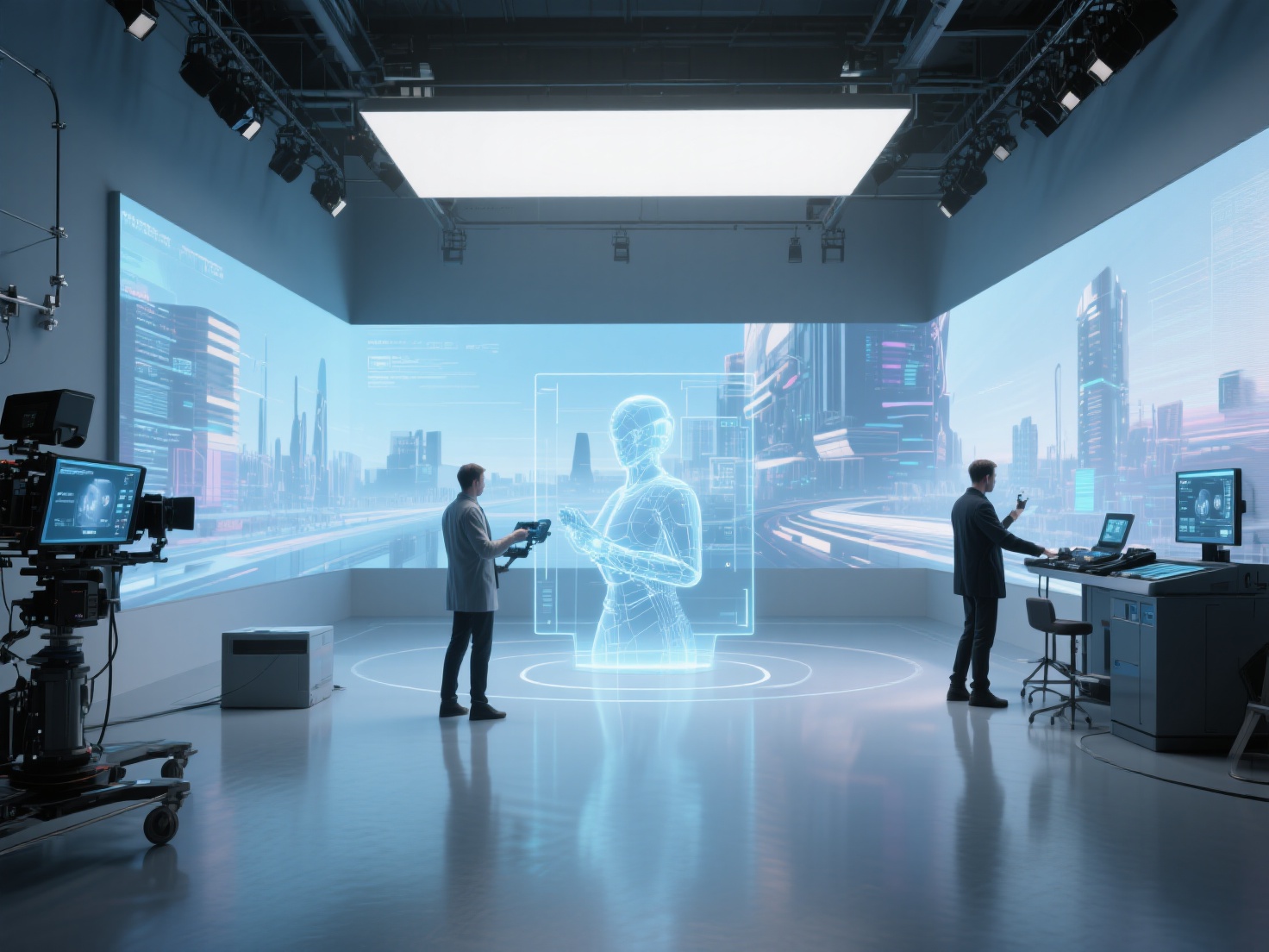 Futuristic VFX studio with AI-driven 3D asset generation and virtual production LED volumes
