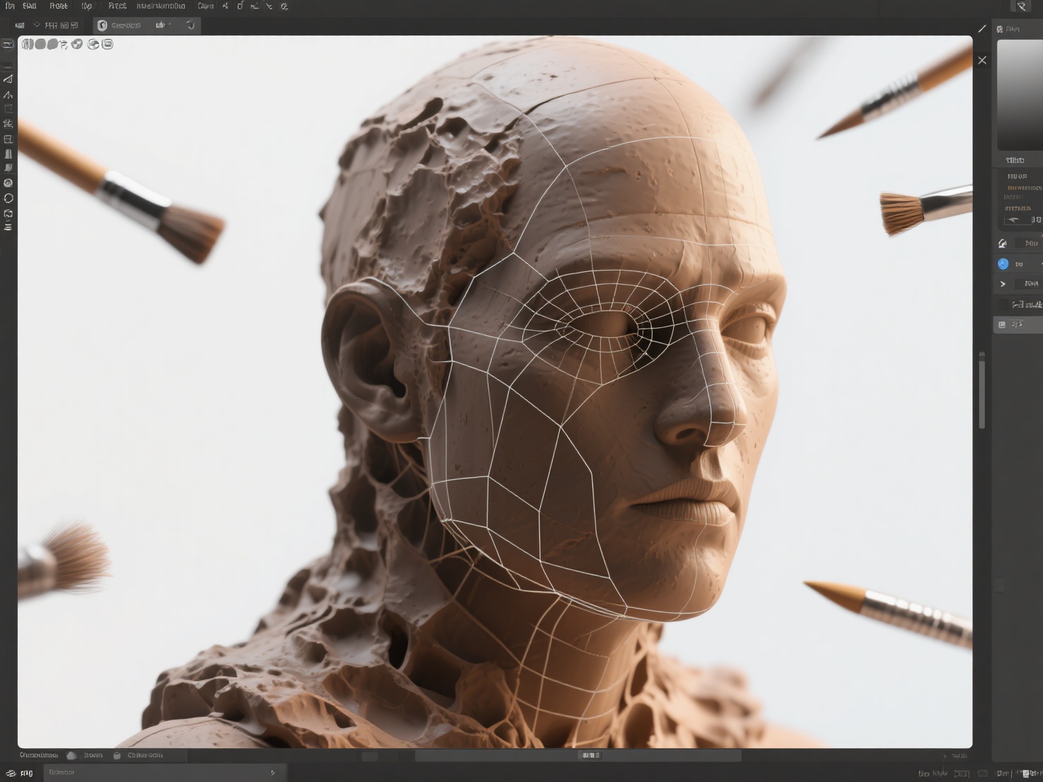 Close-up 3D render of digital sculpting interface showing brushes, topology, and masking effects.png