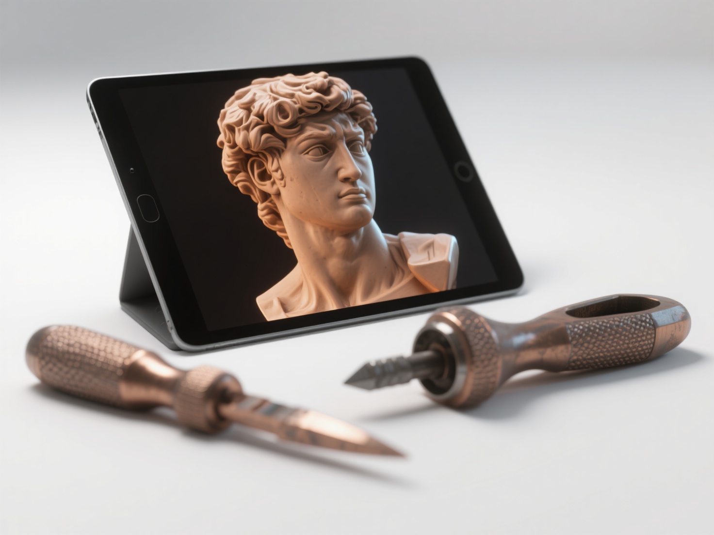 3D render showing digital sculpting on tablet, 3D printer, and bronze casting tools