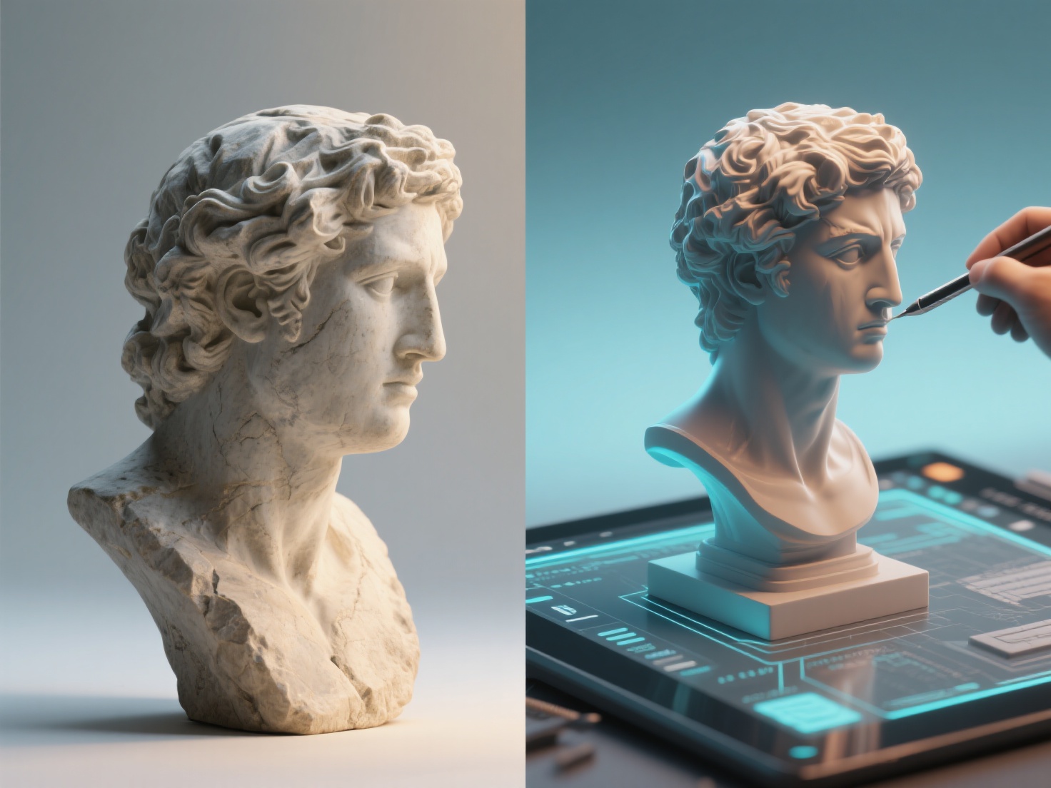 Photorealistic 3D render comparing traditional stone sculpture and digital sculpting interface