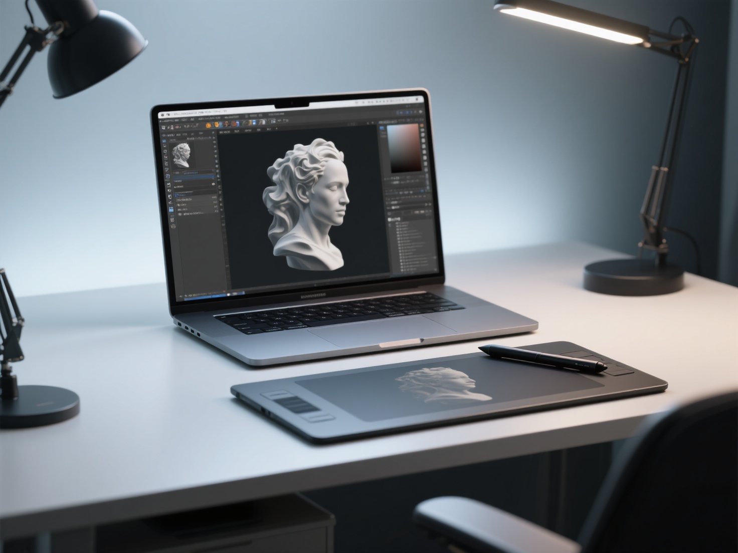 Digital sculpting workspace with graphics tablet and 3D sculpting software interface