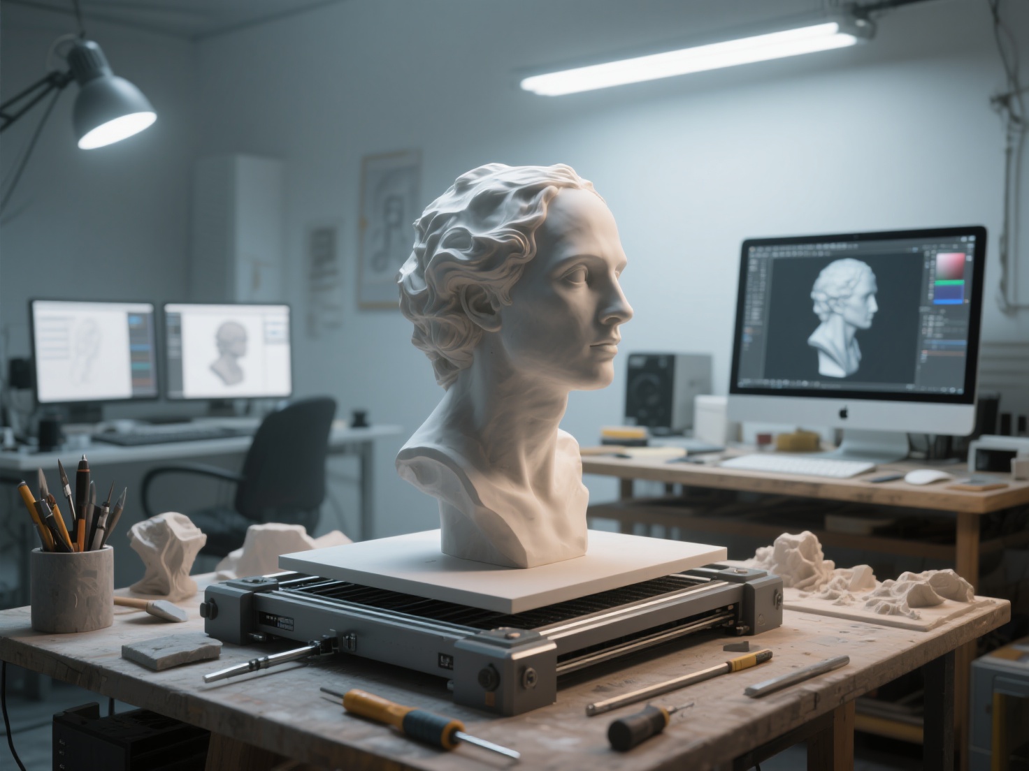 Photorealistic 3D render of dual digital sculpting workstations with detailed 3D models displayed