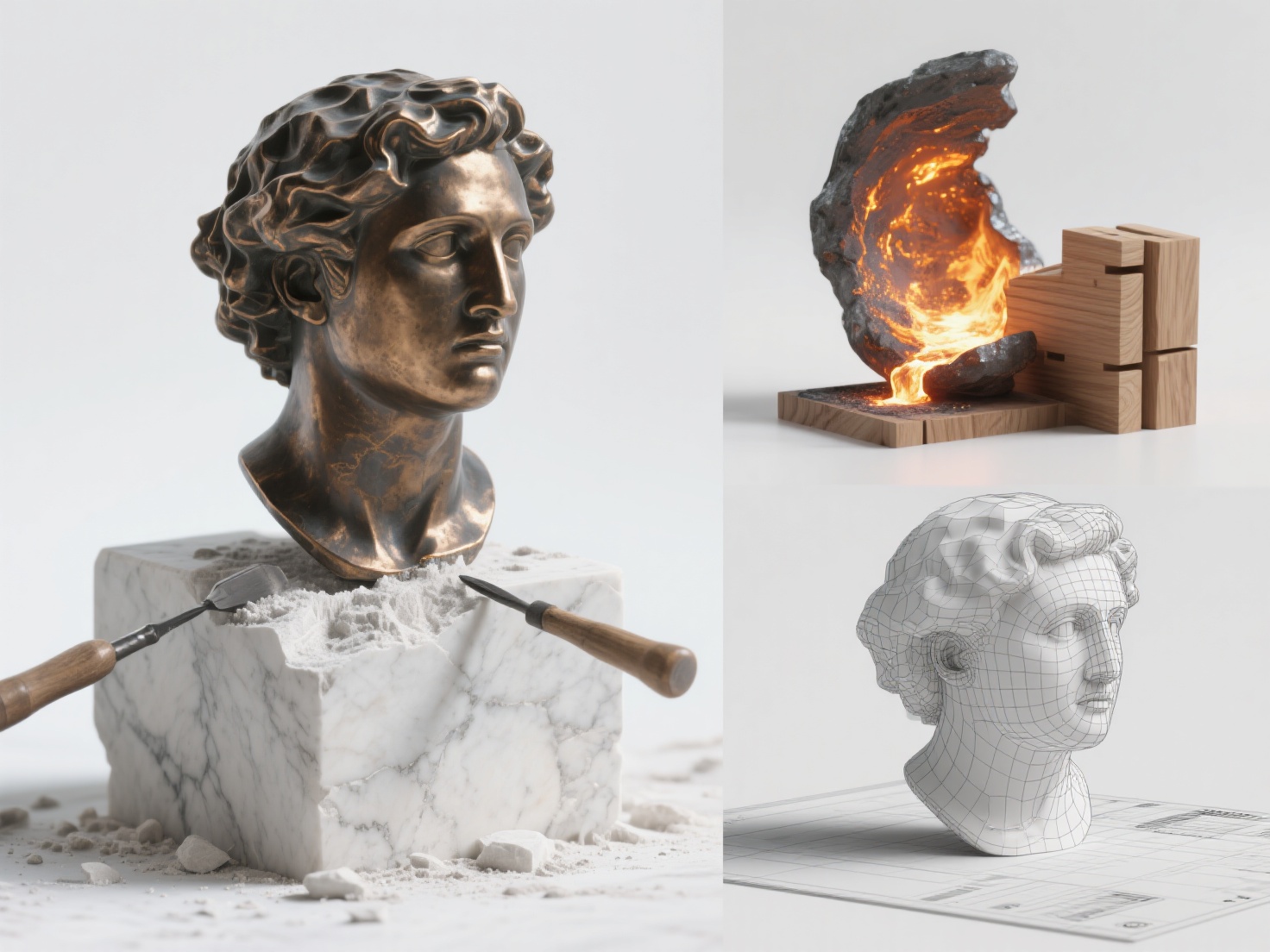 Detailed 3D render of various sculpture techniques including carving, casting, assembling, and digital sculpting