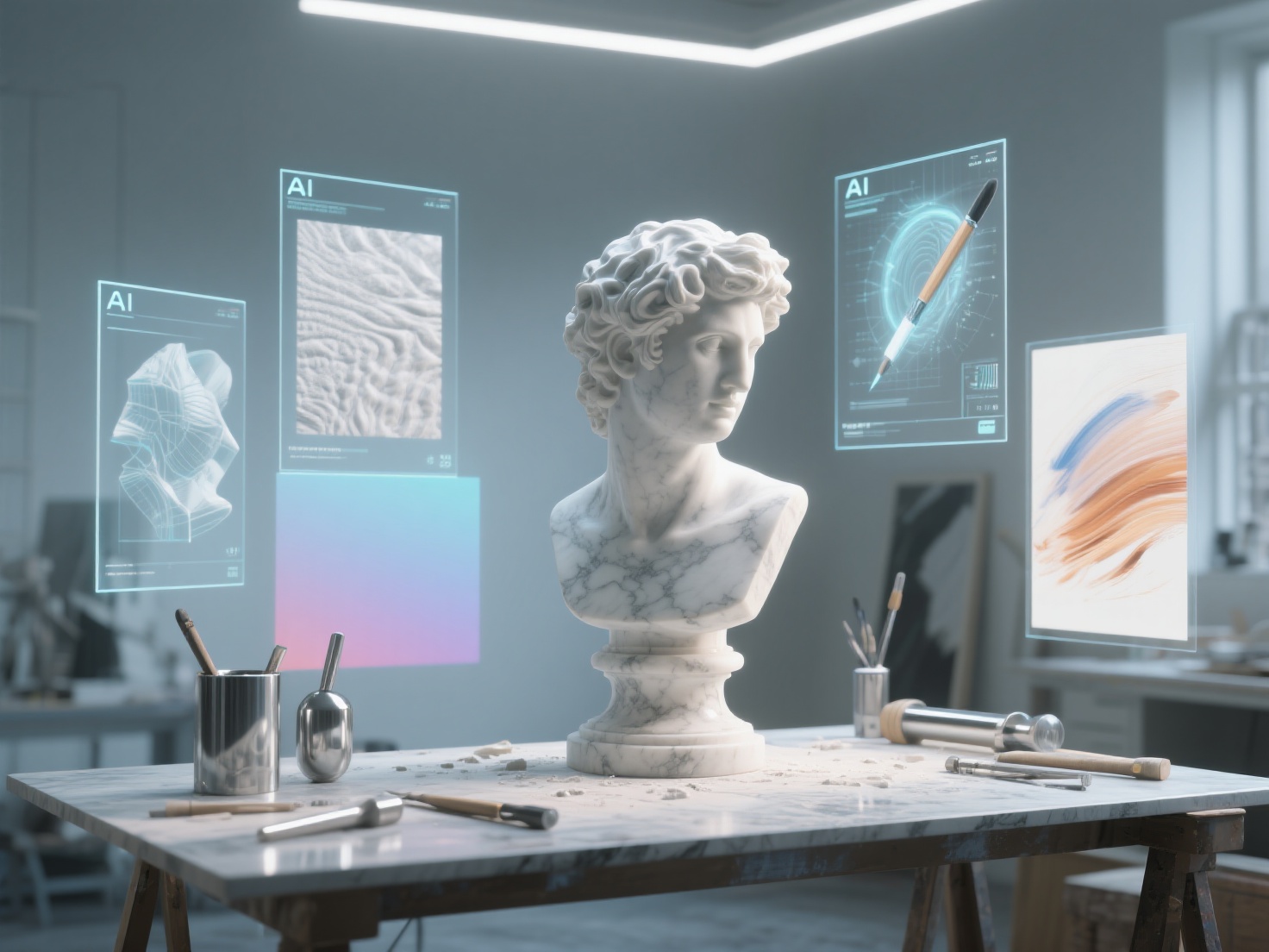 Photorealistic 3D render of an artist studio blending traditional sculpture with AI digital art tools