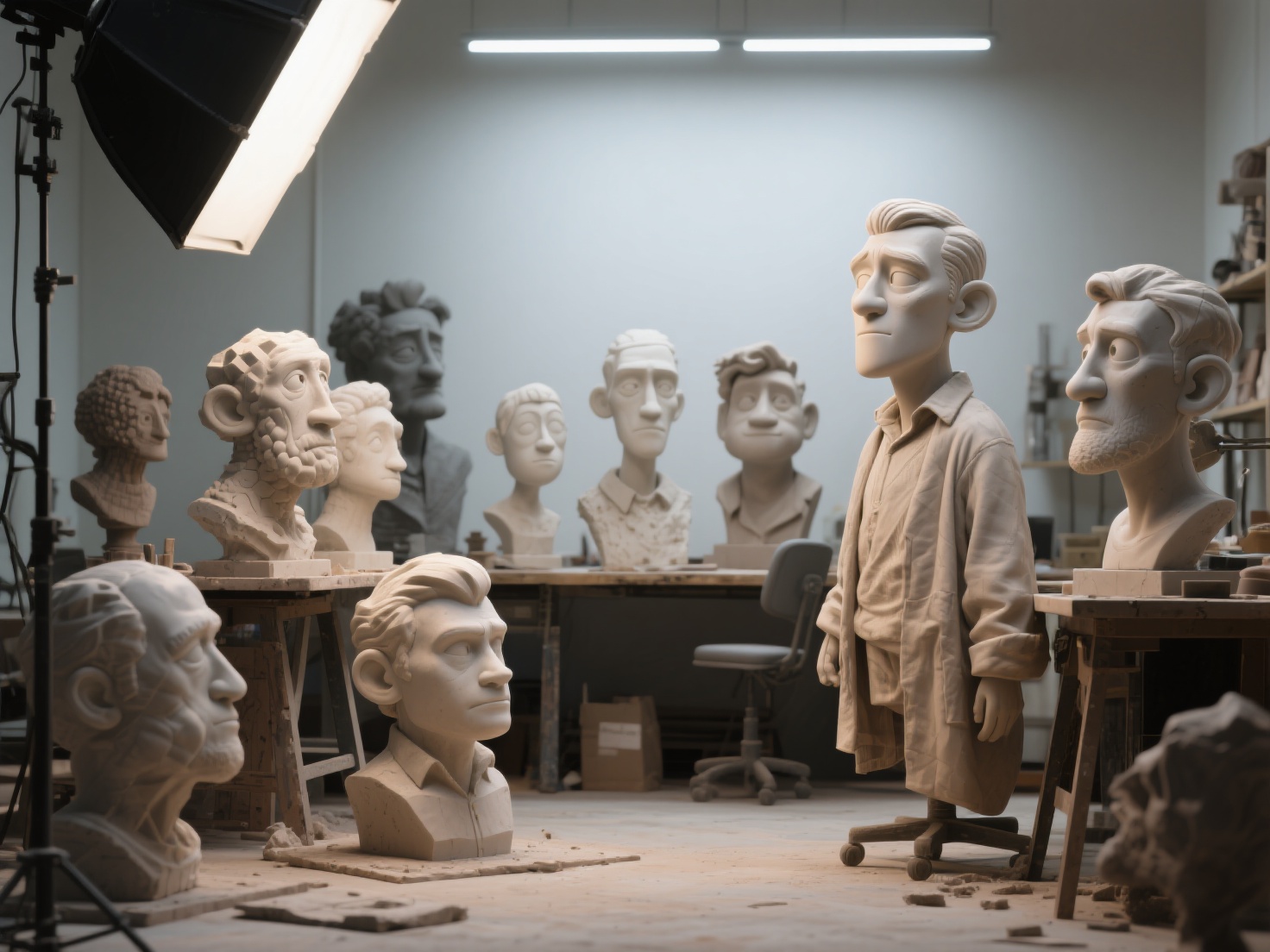 Expressive 3D character sculptures in various styles and stages of creation in studio