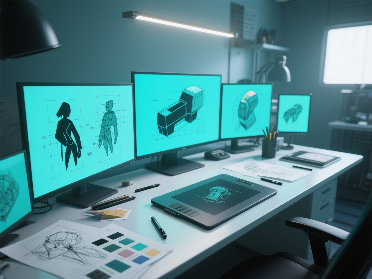 3D concept art workspace with silhouette sketches and orthographic turnarounds for 3D models