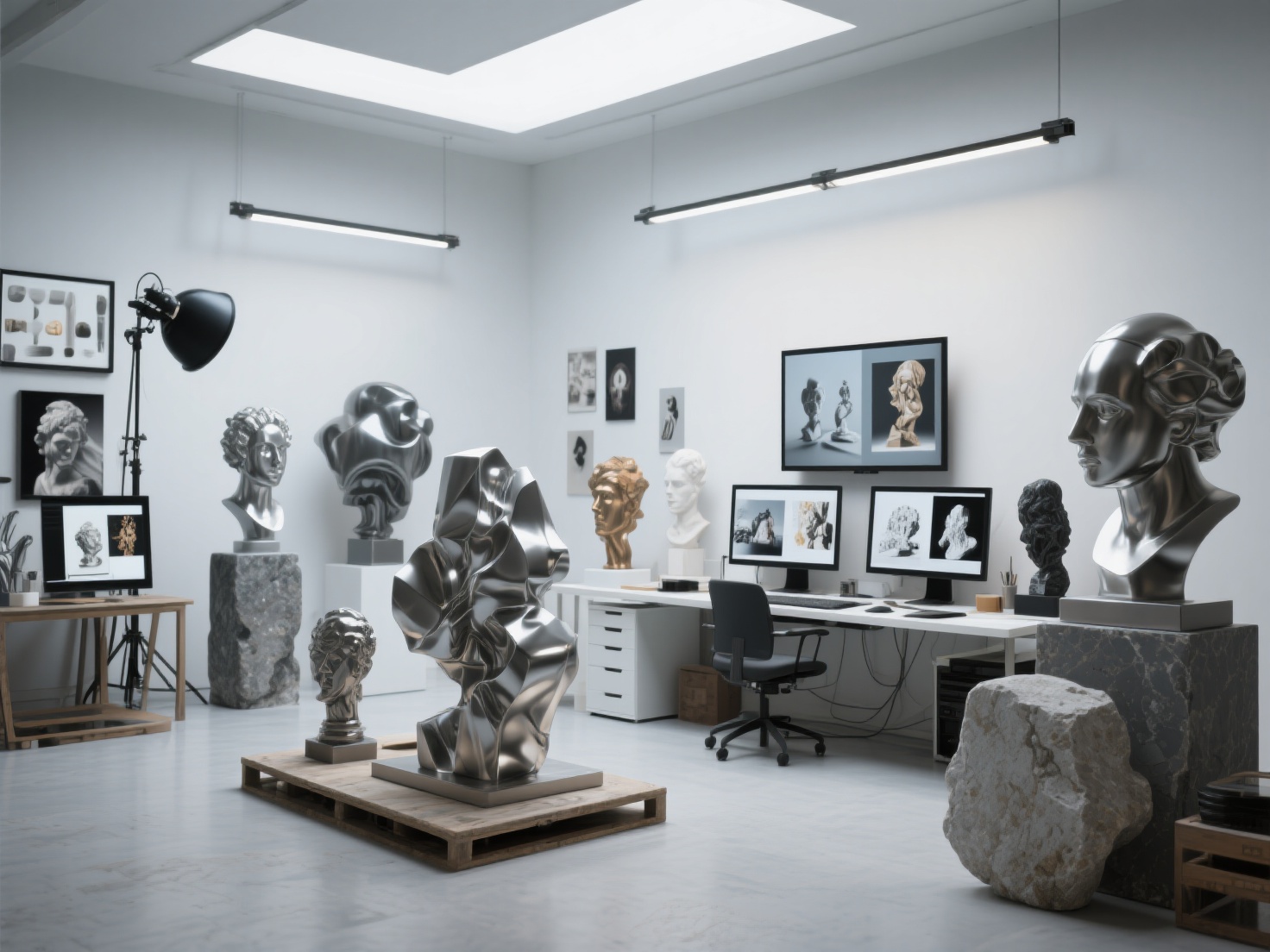 3D artist's workspace with sculptures and digital portfolio previews in photorealistic 3D render