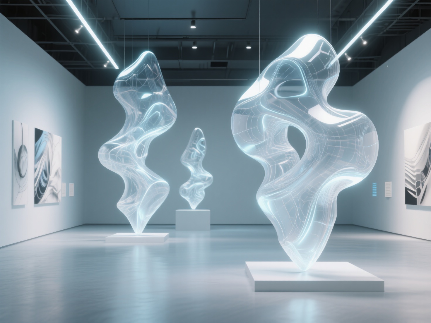 Futuristic digital art gallery with holographic 3D sculptures and XR elements