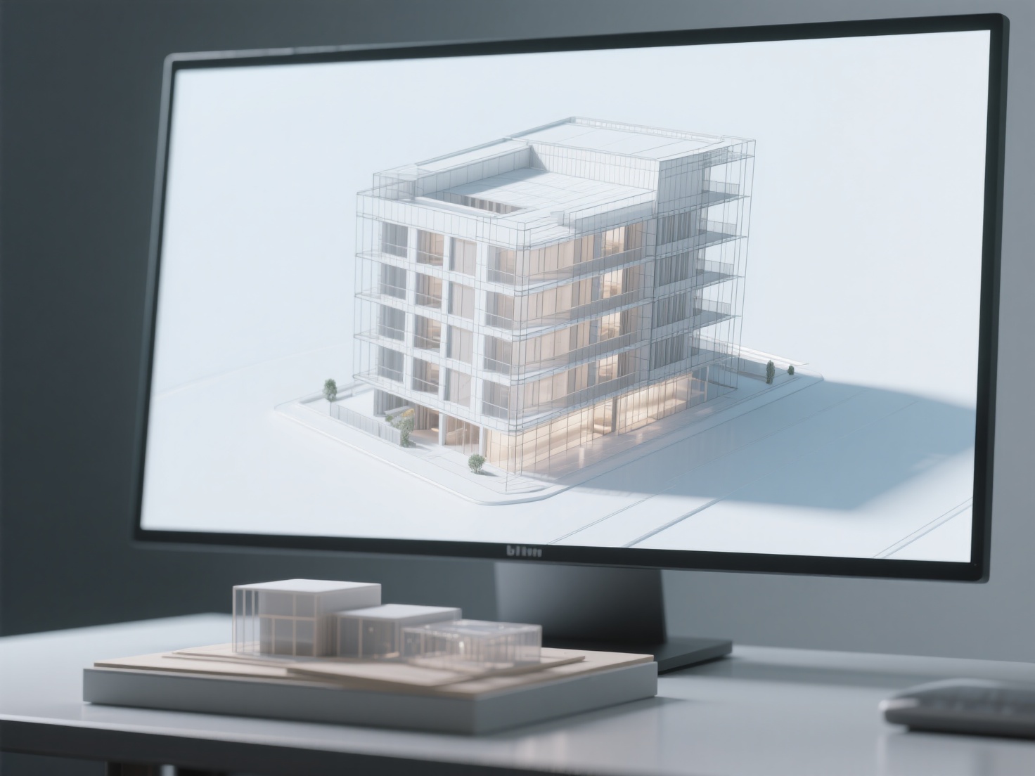 Detailed architectural visualization pipeline showing 3D model and physical scale model close-up