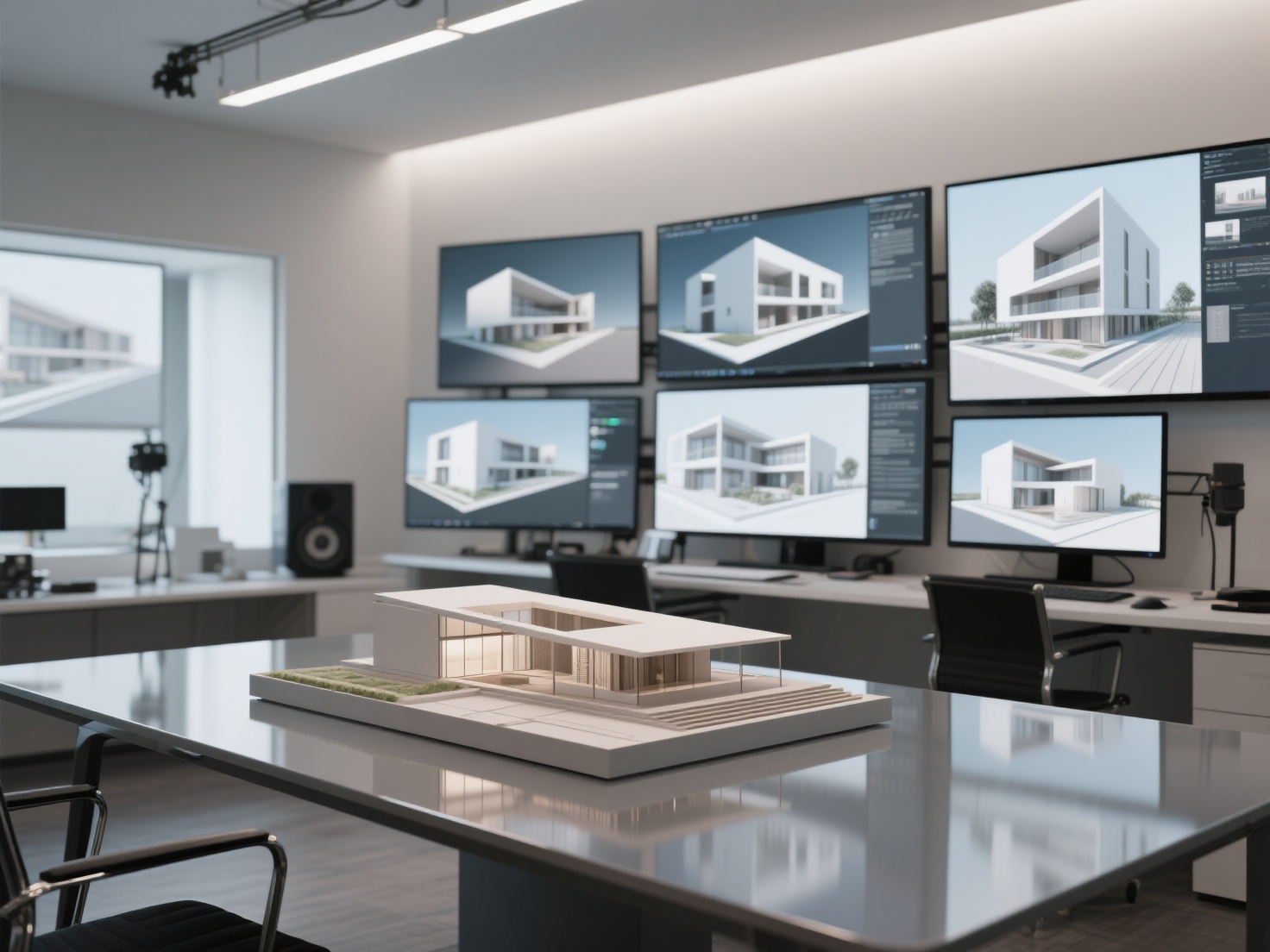 Modern architectural visualization studio with 3D models and scale model on table