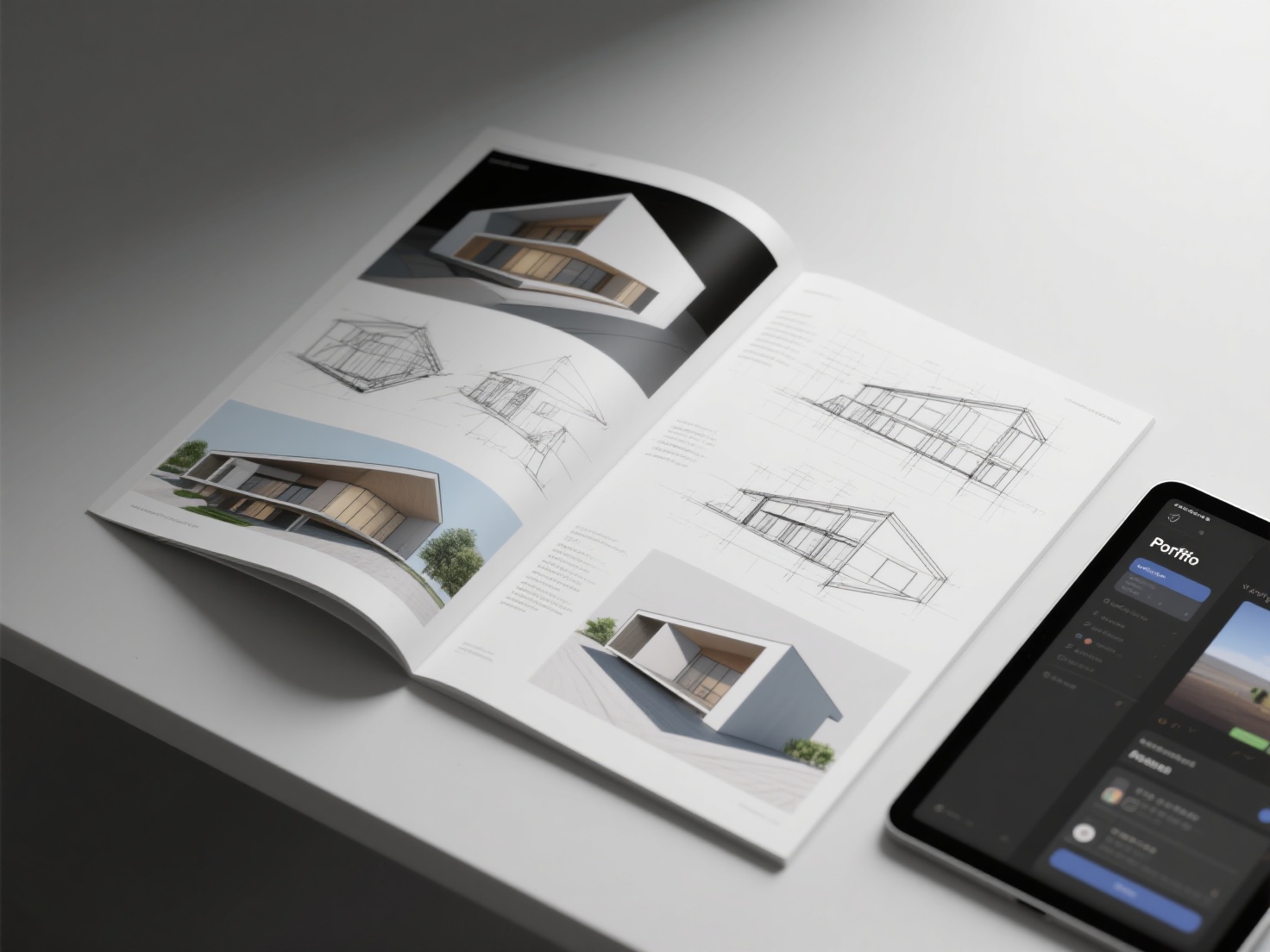 Close-up 3D render of detailed architecture portfolio pages with technical drawings and digital tablet