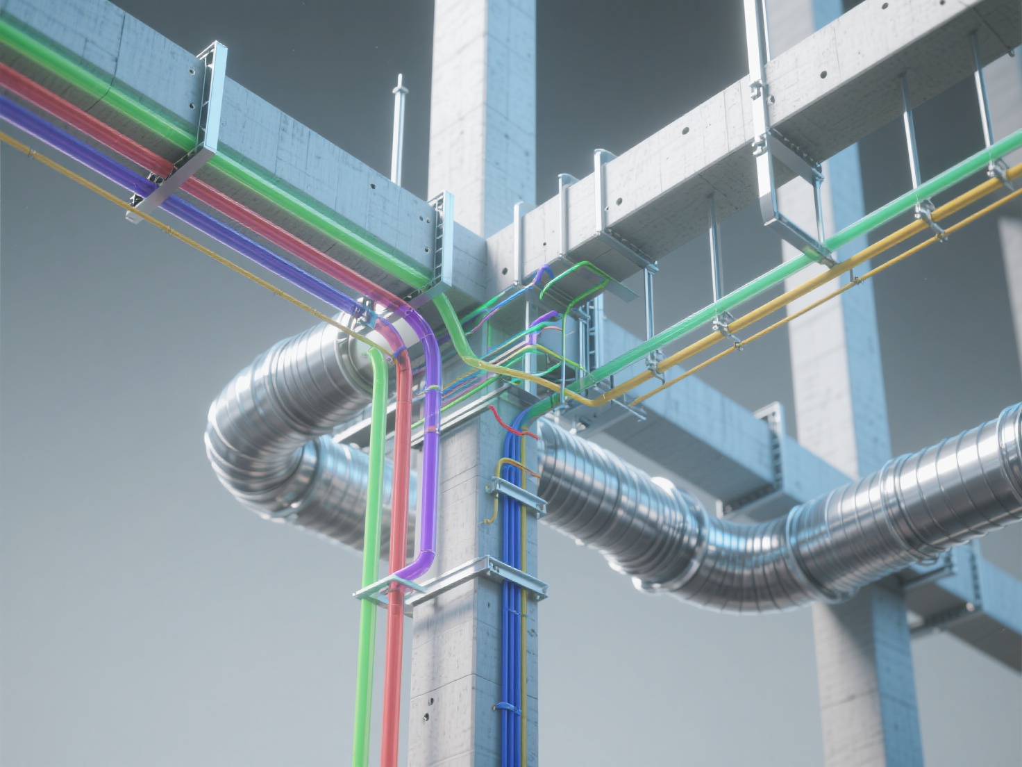 Detailed 3D BIM clash detection model segment illustrating building system intersections