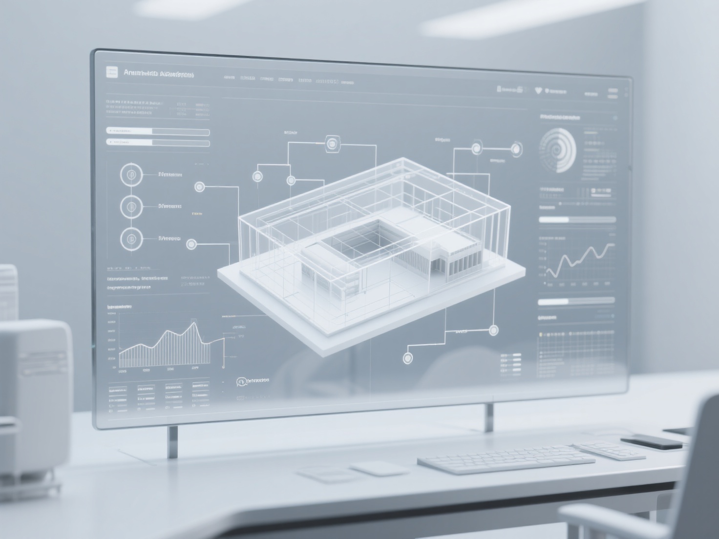 3D render of computational design workspace showing parametric model and algorithmic data visualization
