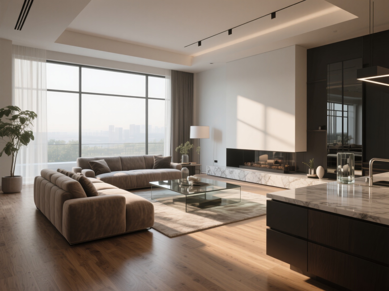 Photorealistic interior design rendering of modern living room with natural and artificial lighting