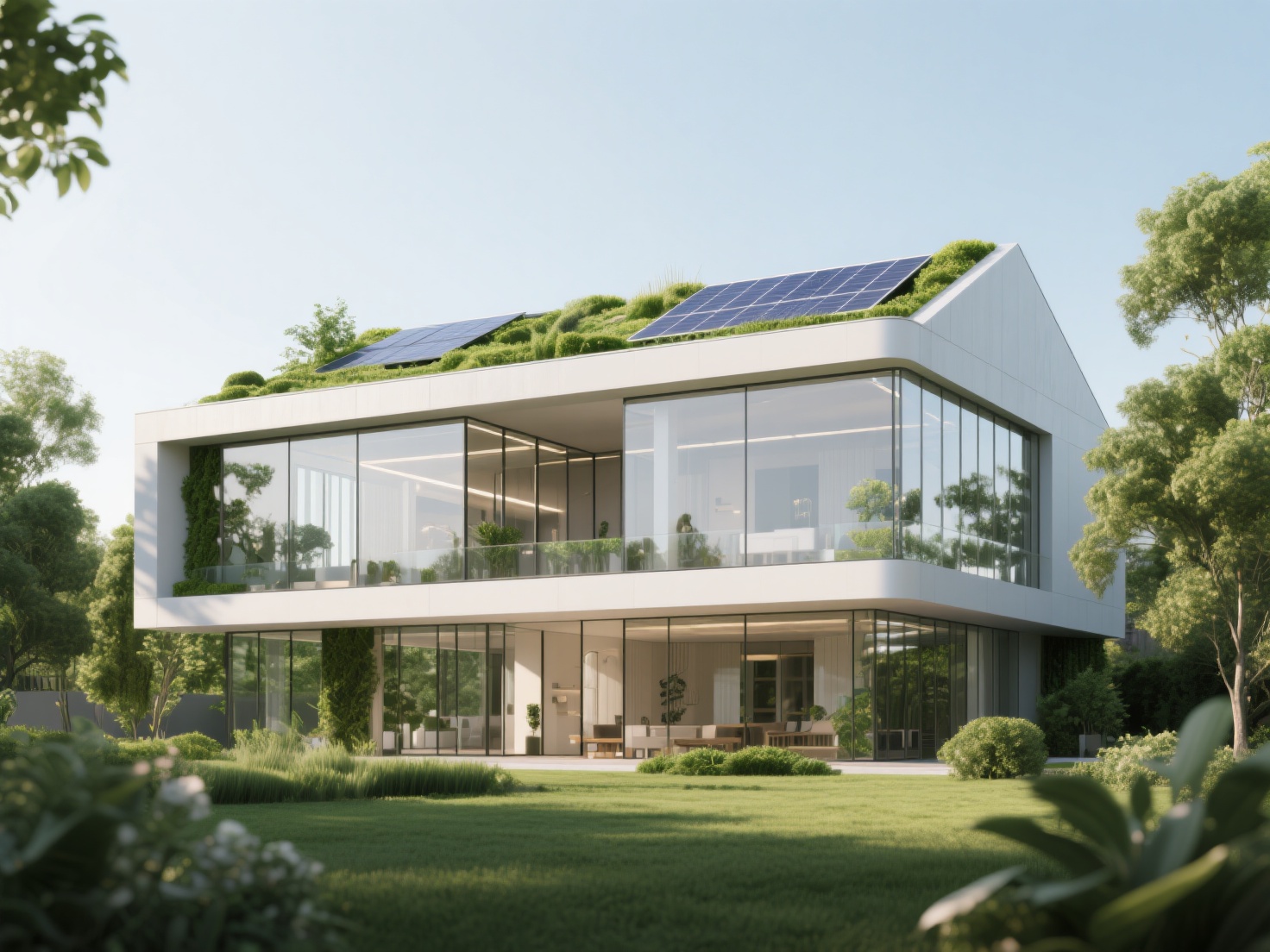 Photorealistic 3D render of sustainable architecture with green roofs and solar panels