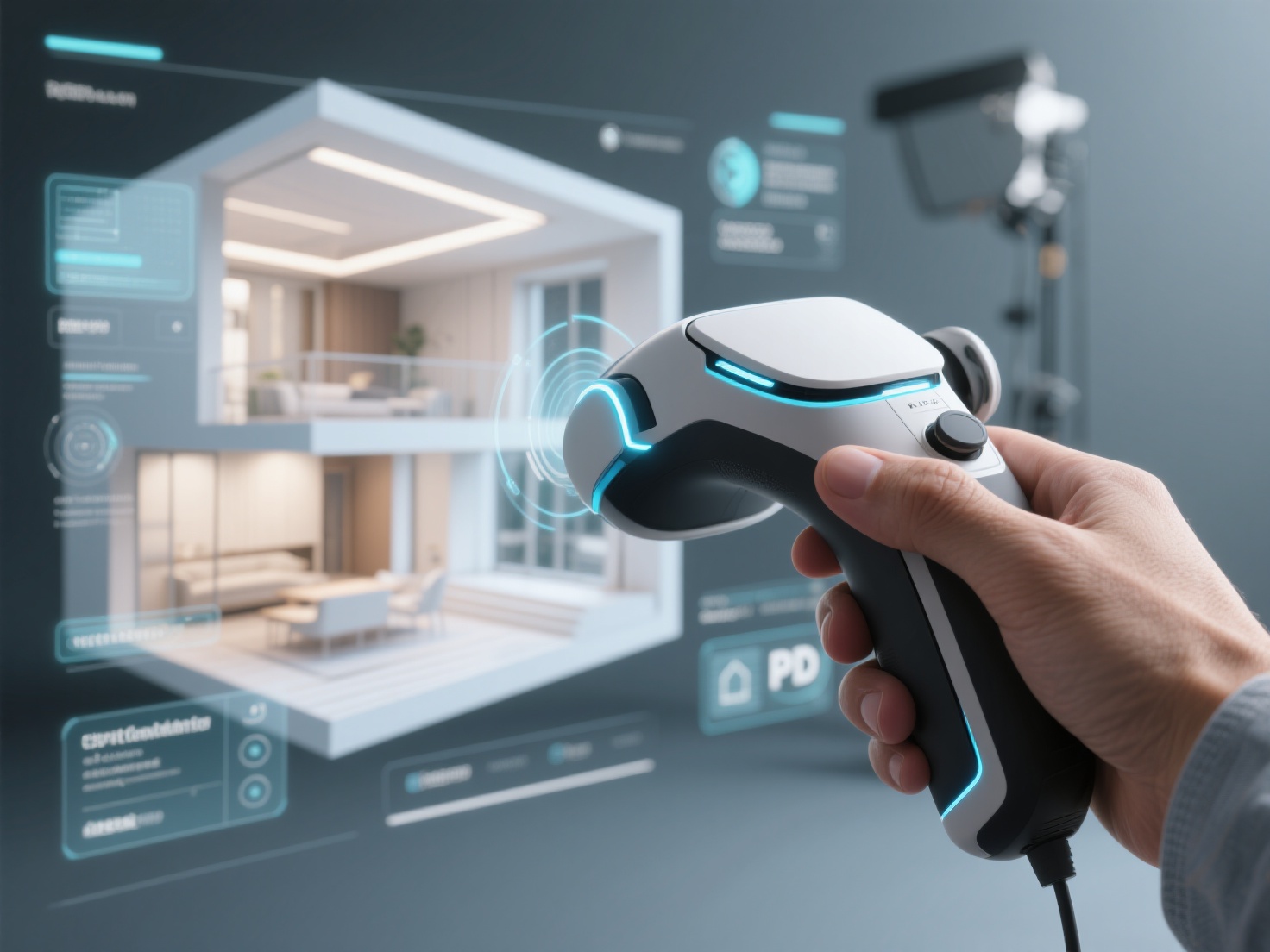 Architect interacting with VR controller during detailed virtual building walkthrough